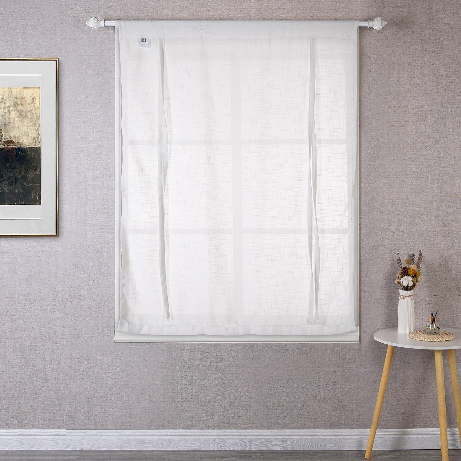 DriftAway Solid Color Faux Linen Slub Sheer Voile Tie Up Decorative Adjustable Balloon Rod Pocket Window Curtains for Small Window 25" x 47" White