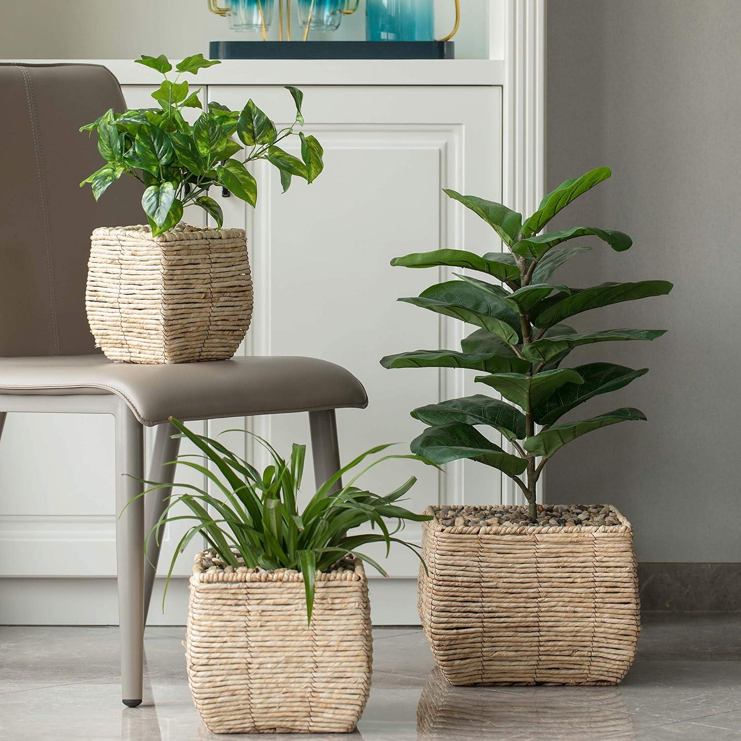 Vintiquewise Woven Square Flower Pot Planter with Leak-Proof Plastic Lining- Set of 3