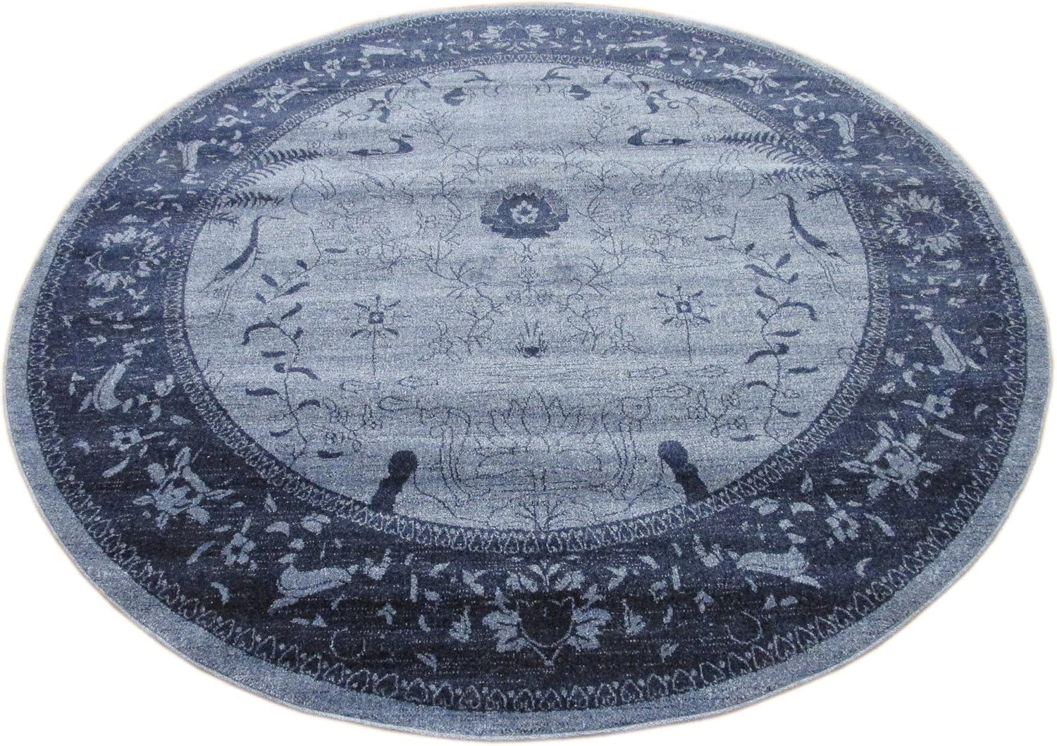 Round Blue Floral Synthetic Easy Care Area Rug