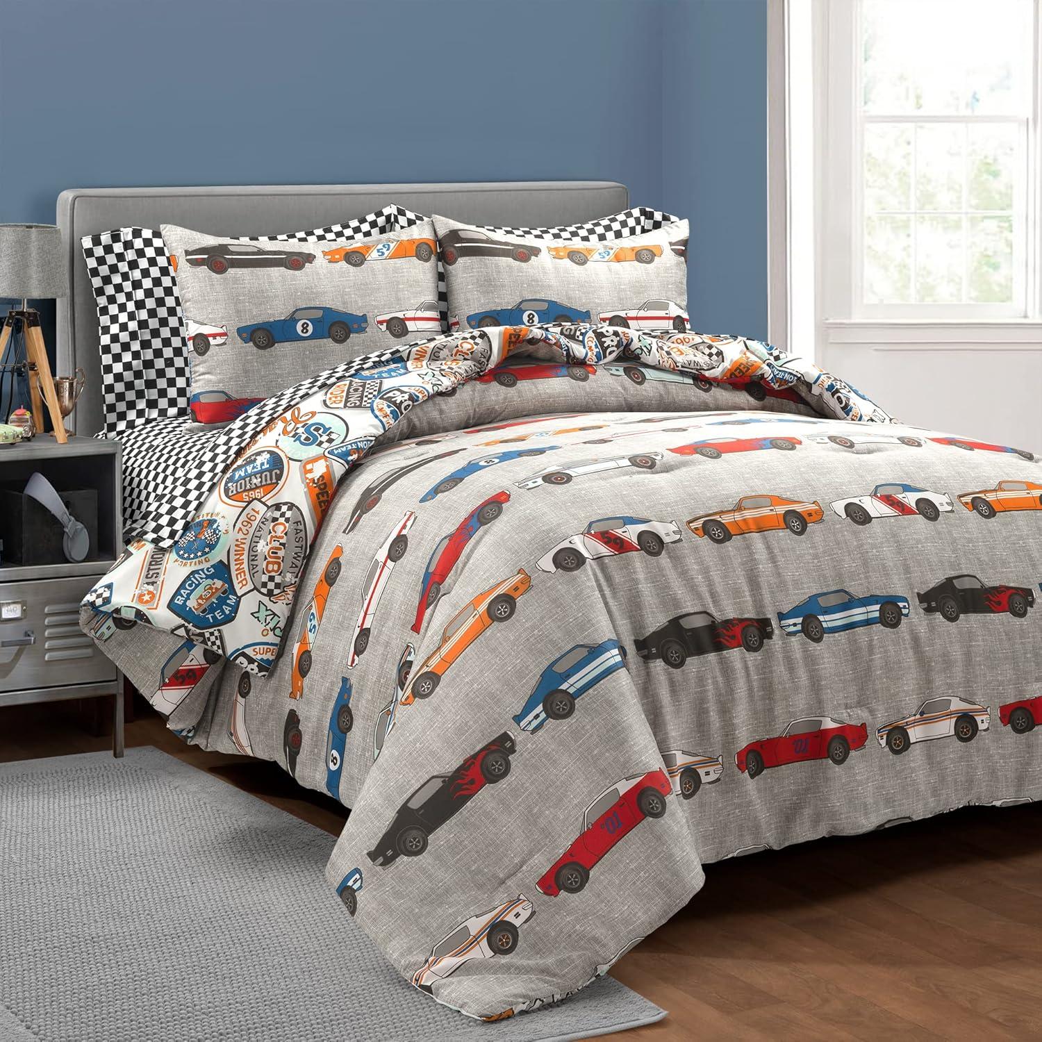 Twin Blue and Orange Microfiber Reversible Race Car Comforter Set