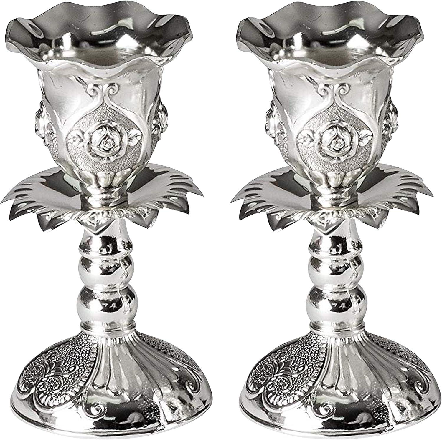 Silver Plated Candlesticks - 2 Pack Set - Pair of 4 Inch Ornate Candle Holders with Round Base and Floral Design - by Ner Mitzvah