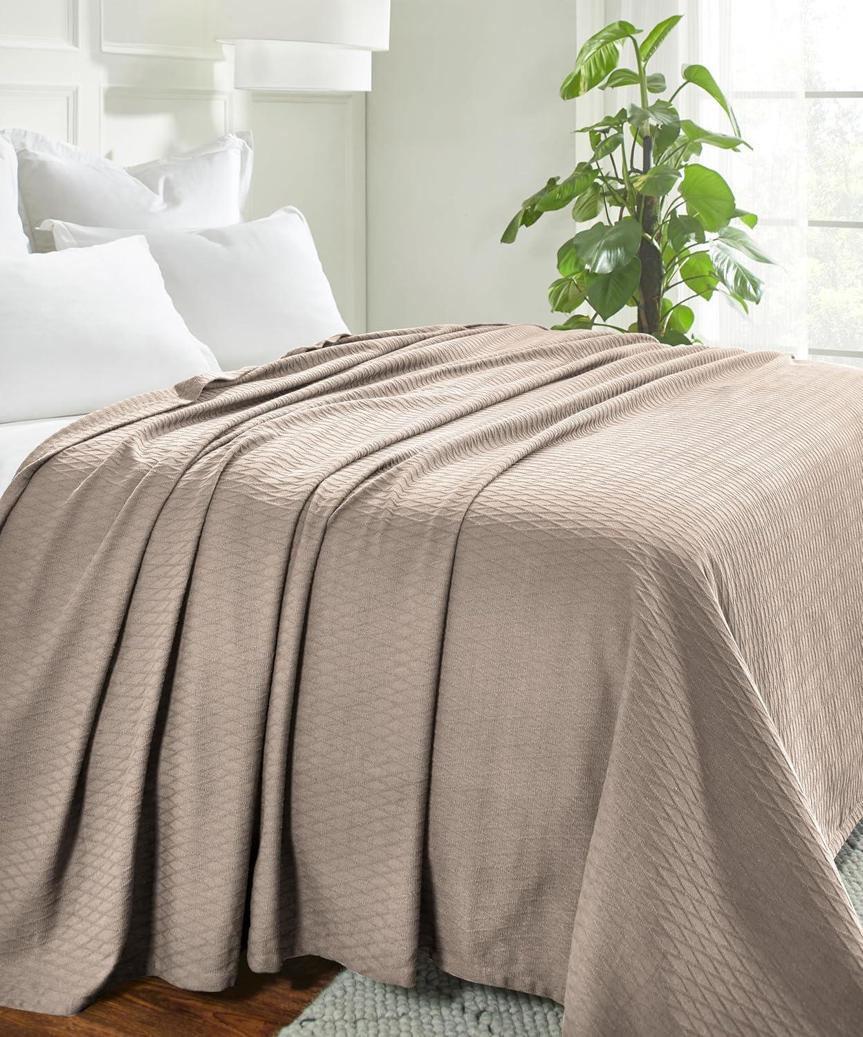 Superior Dobbyweave Knit Cotton Blanket, All Season Breathable Bed Blanket Throw Size, Khaki