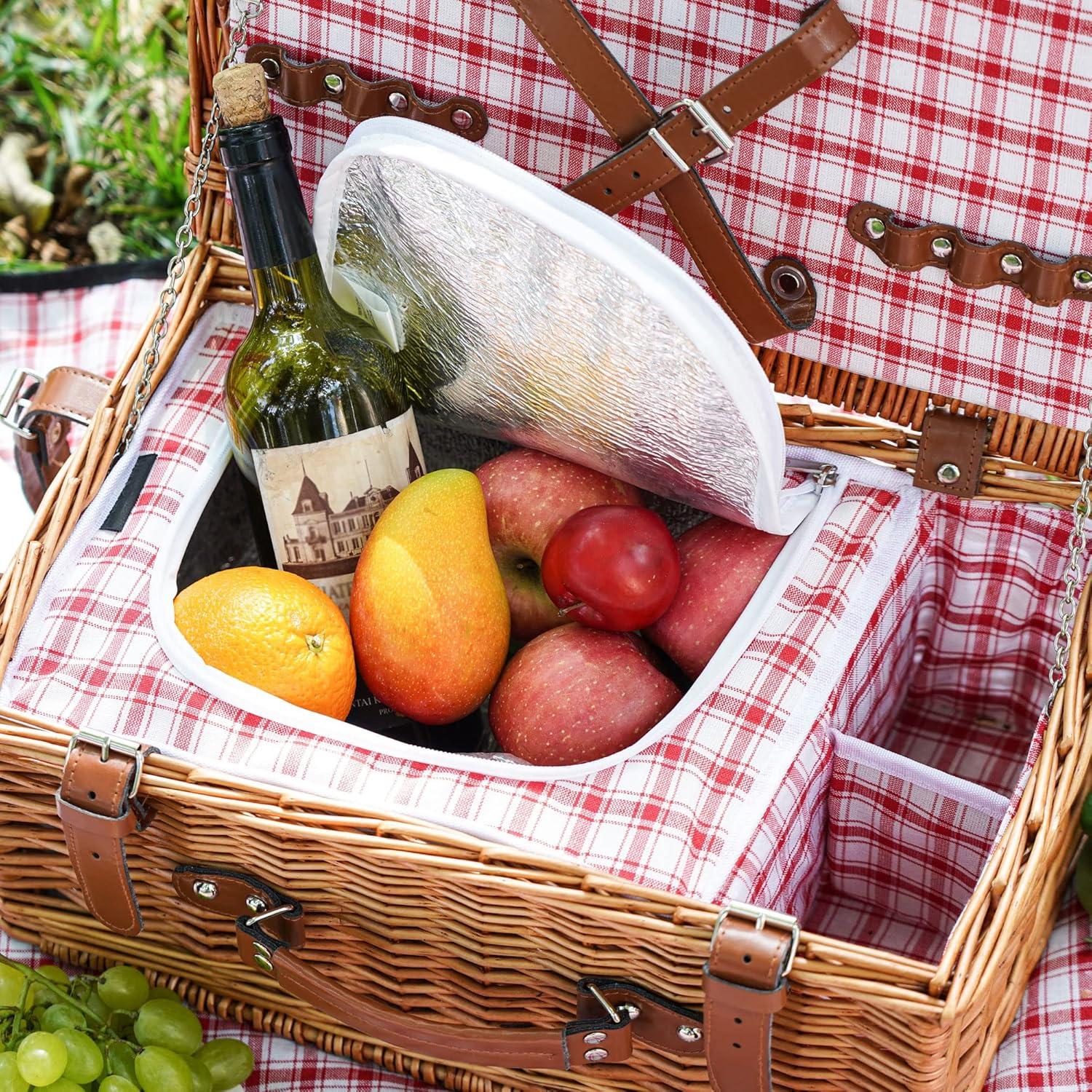 Red Checkered Wicker Picnic Basket with Insulated Compartment