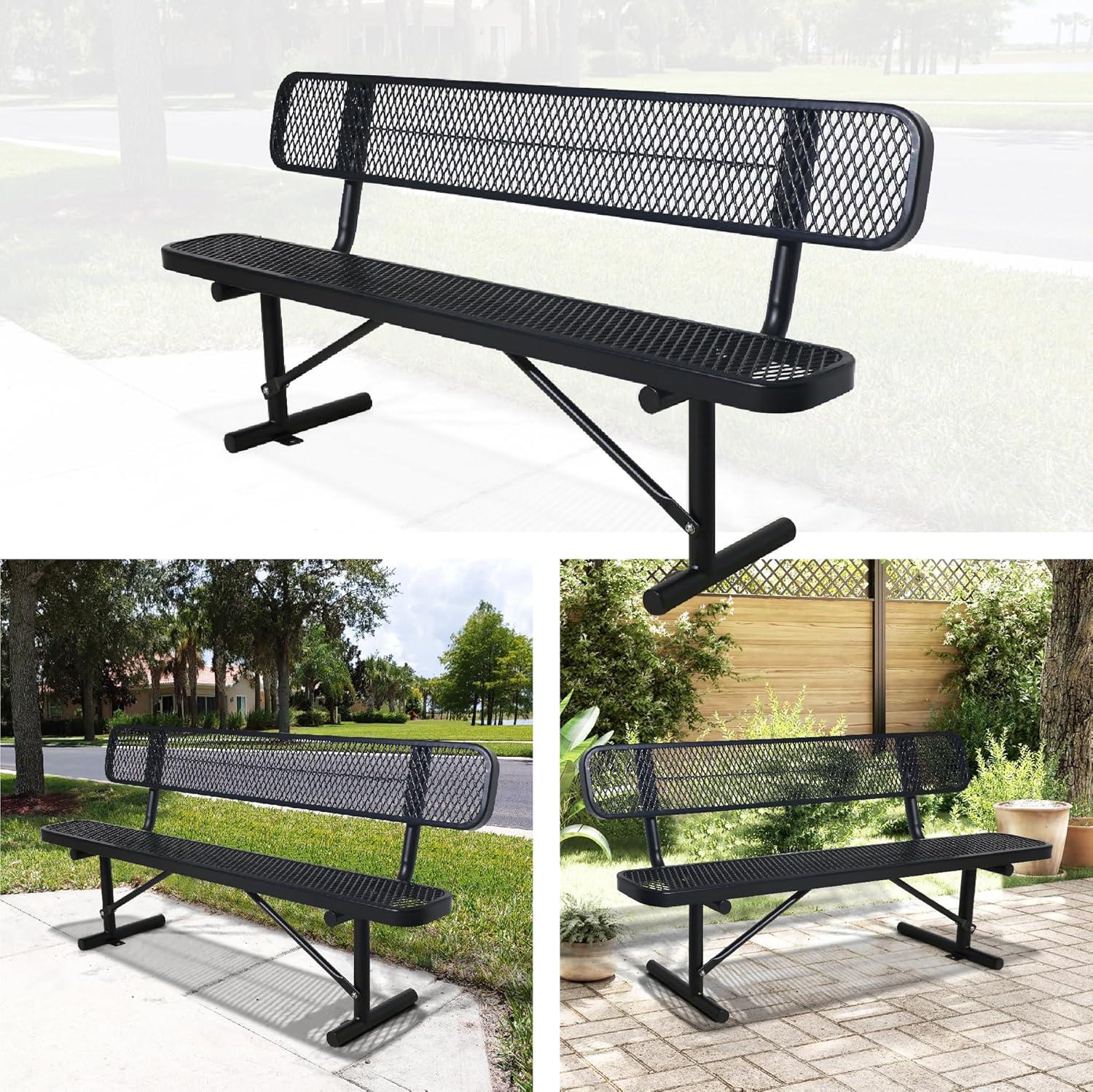 72'' Black Steel Outdoor Bench with Mesh Backrest