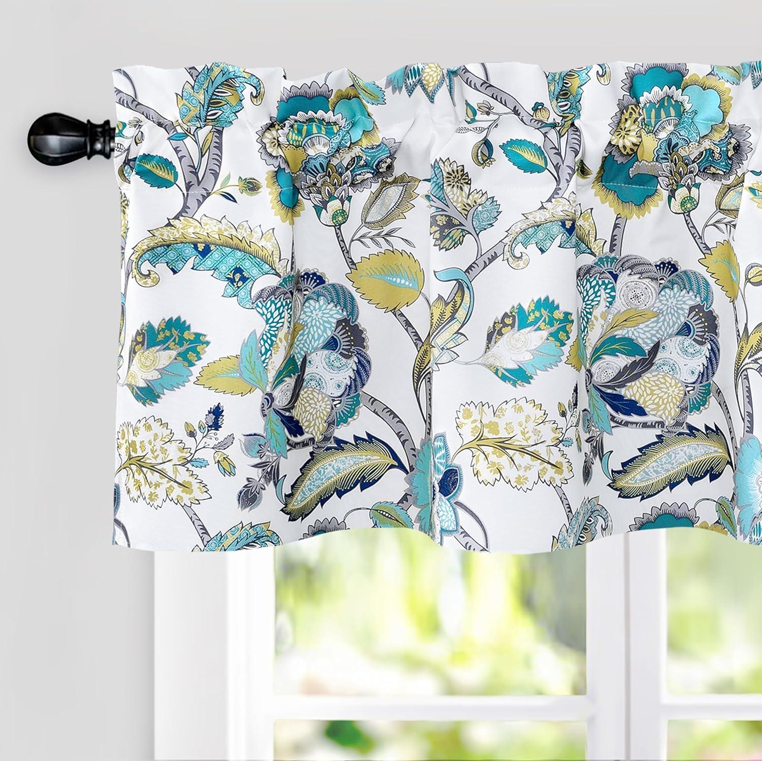 DriftAway Layla Room Darkening Valance for Kitchen Classic America Style Floral Leaves 18 Inch Length Valance for Living Room Bedroom Rod Pocket Window Treatment 52x18 White Seafoam Gray 2 Pack