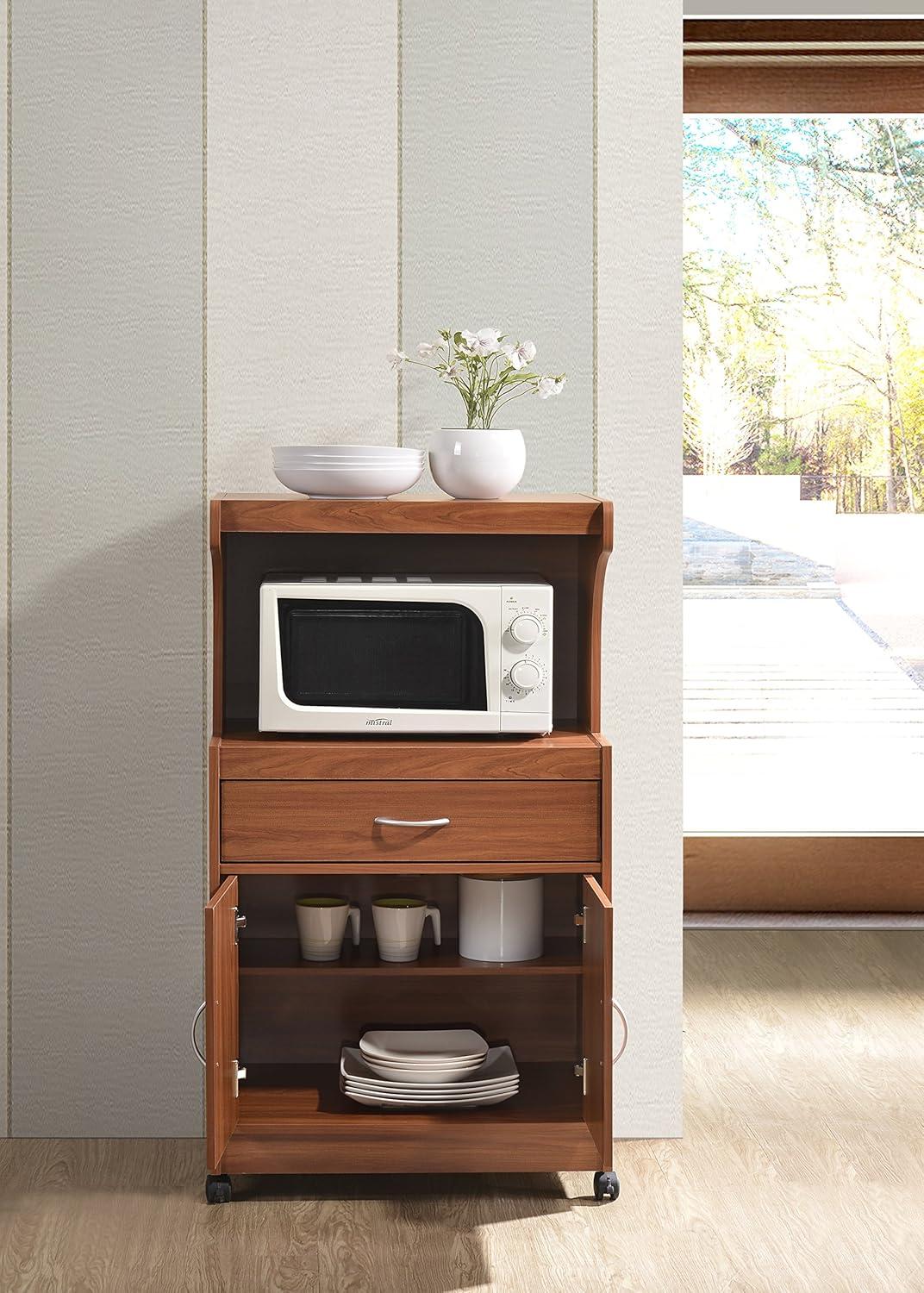 Cherry Wood Microwave Kitchen Cart with Storage and Wheels