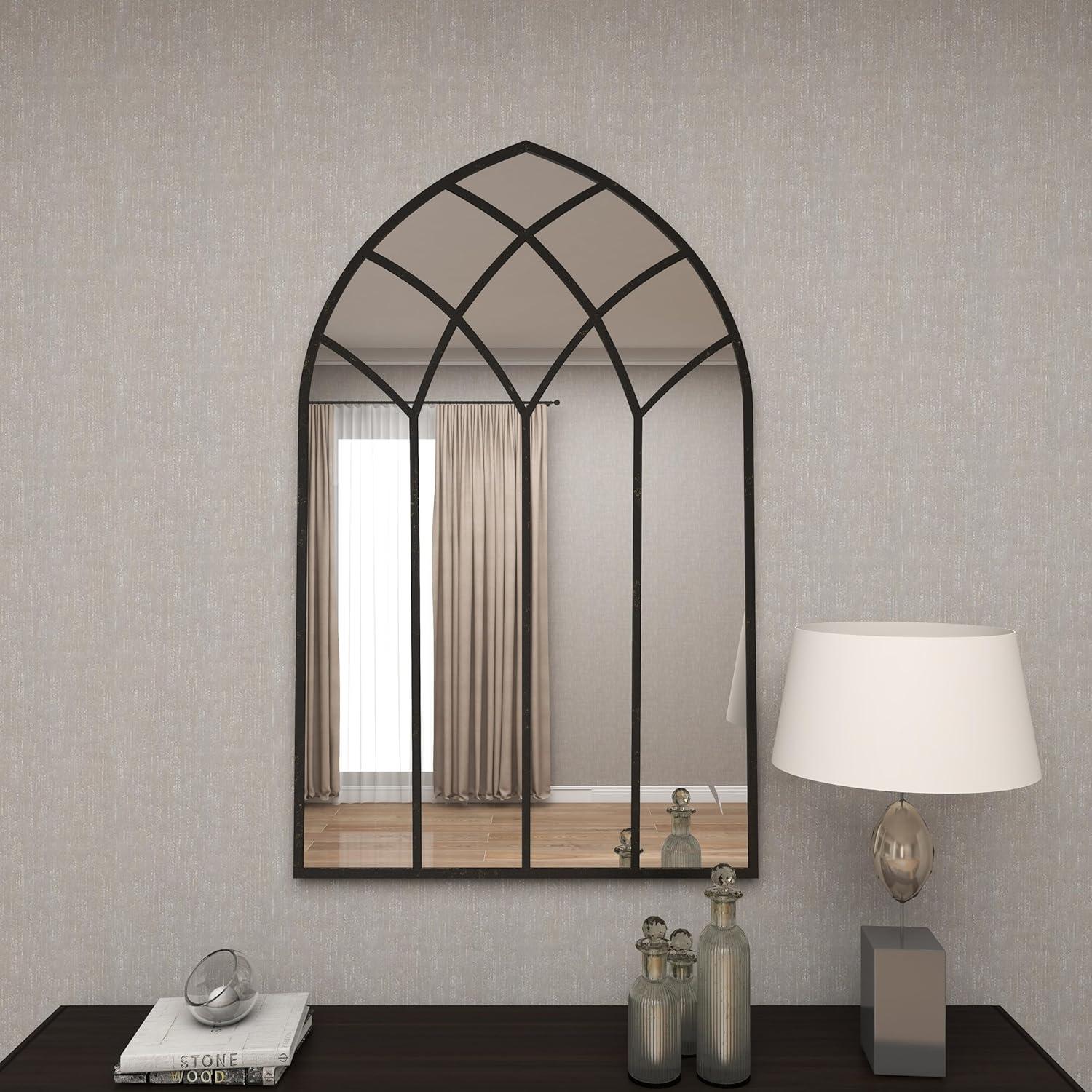 DecMode 30" x 48" Black Arched Window Pane Wall Mirror