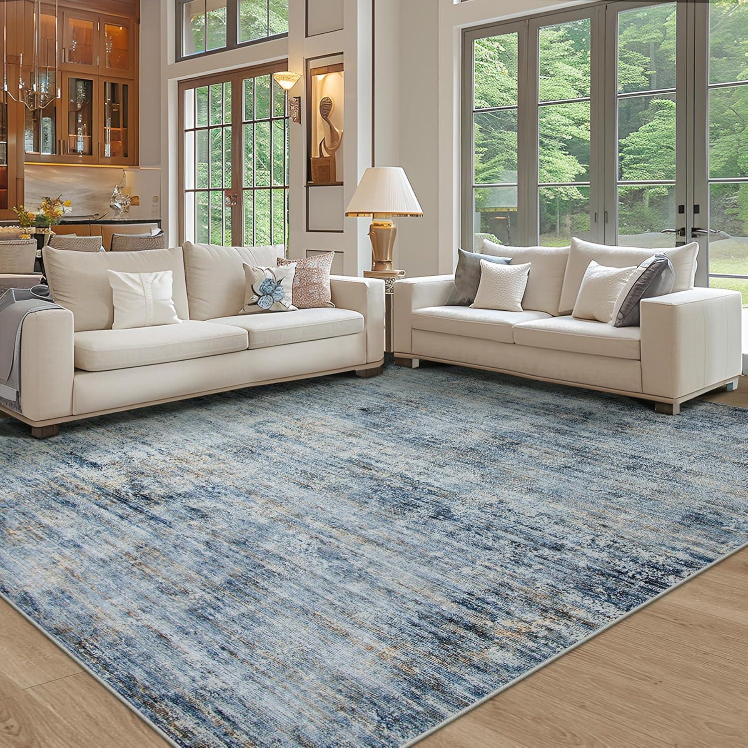 Tzou Washable Area Rug 9x12 Large Modern Abstract Living Room Accent Carpet for Playroom Nursery Room, Non-Slip, Low-Pile, Super Soft(Ink Blue)