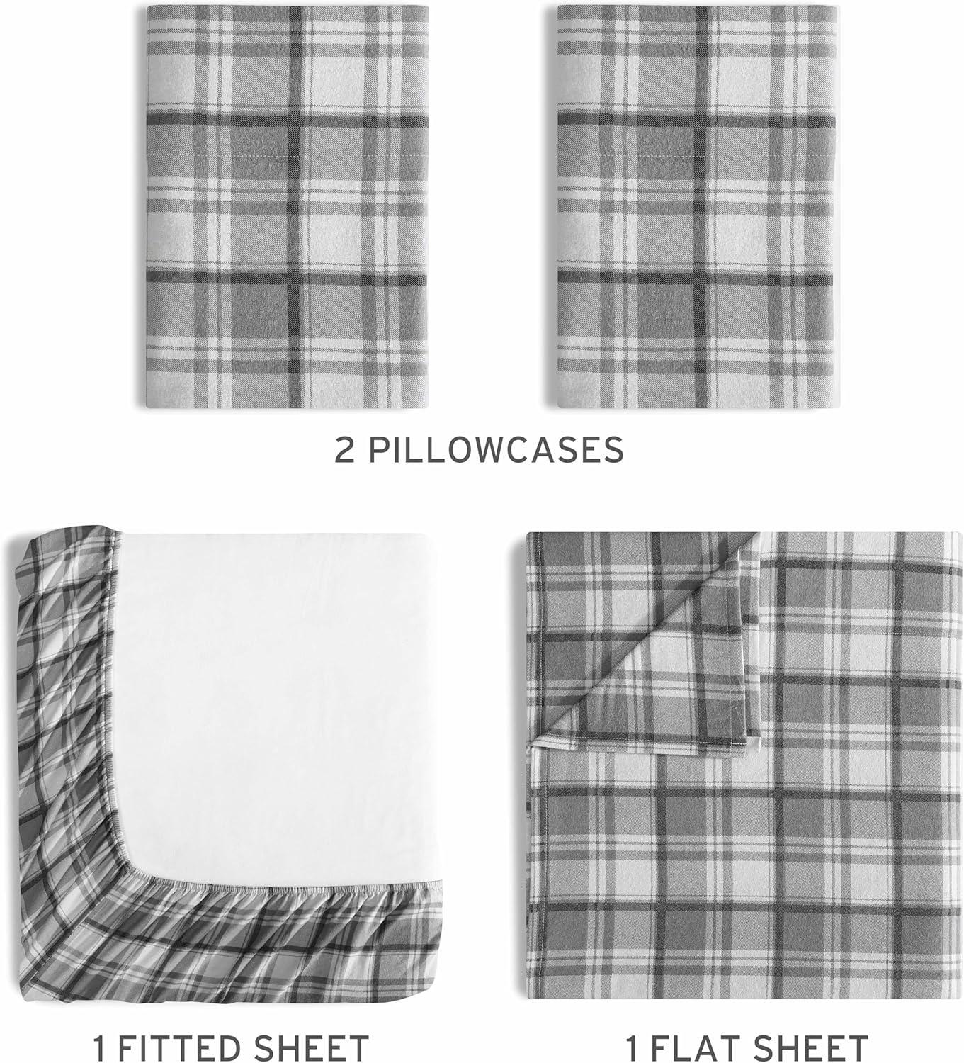 Winter Nights Cotton Flannel Bed Sheet Set, Full, Gray Plaid