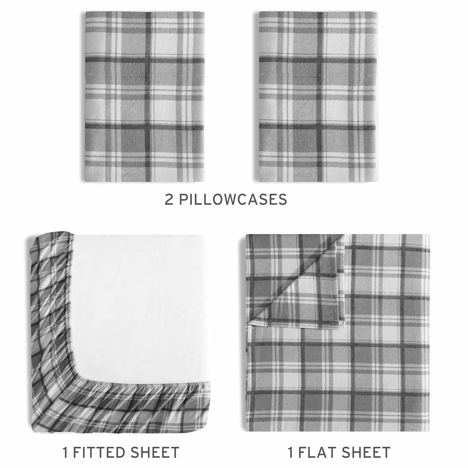 Winter Nights Cotton Flannel Bed Sheet Set, Full, Gray Plaid