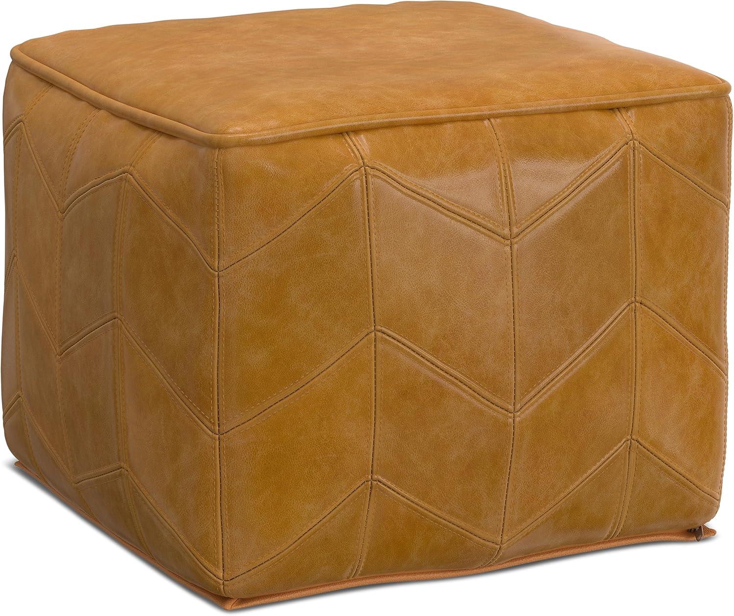 Brown Genuine Leather Chevron Pattern Square Pouf