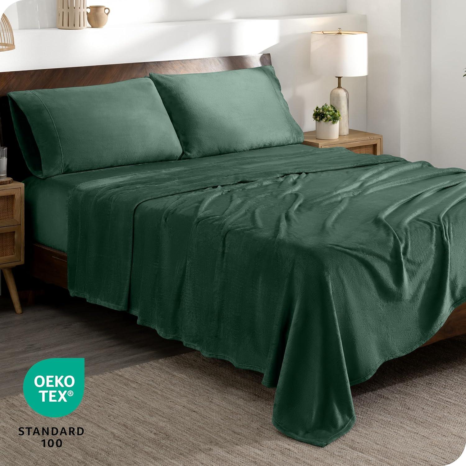 Velvety Soft Microplush Fleece Forest Green Queen Sheet Set by Bare Home