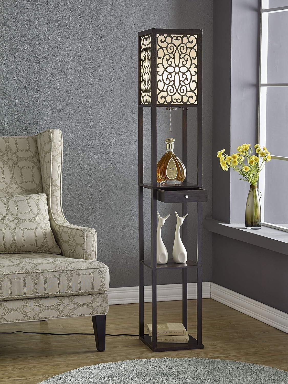 Etagere 63" White Floor Lamp with Shelf and Floral Shade