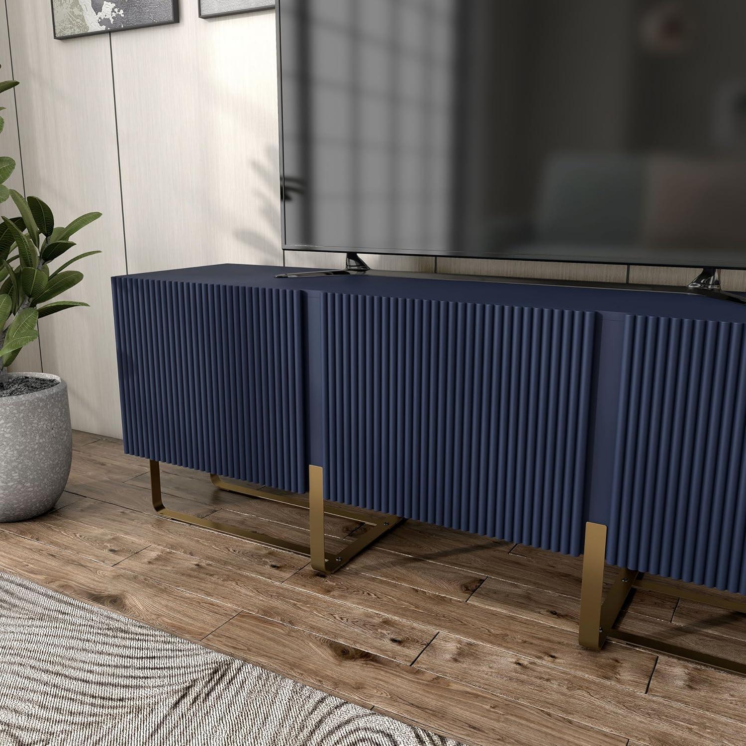 Denhour DH BASIC Modern 60-inch 3-Door Storage TV Stand by  Indigo Blue/Gold