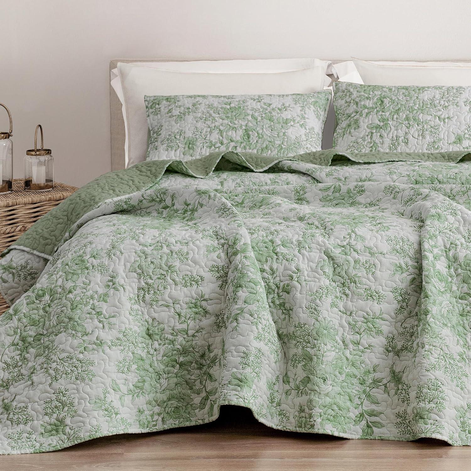 Sage Green Floral Cotton King Quilt Set