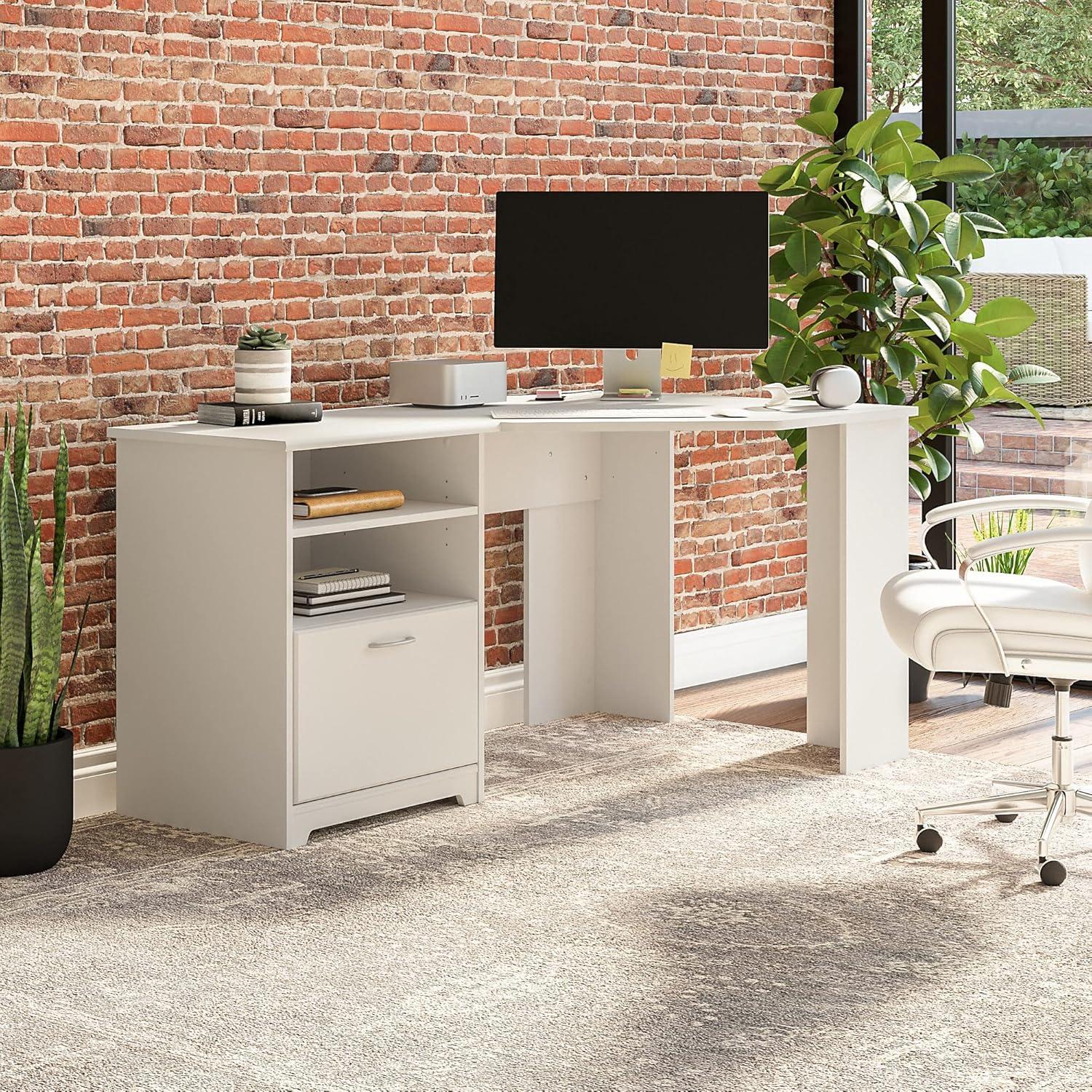 Elegant White Corner Desk with Drawer and Filing Cabinet