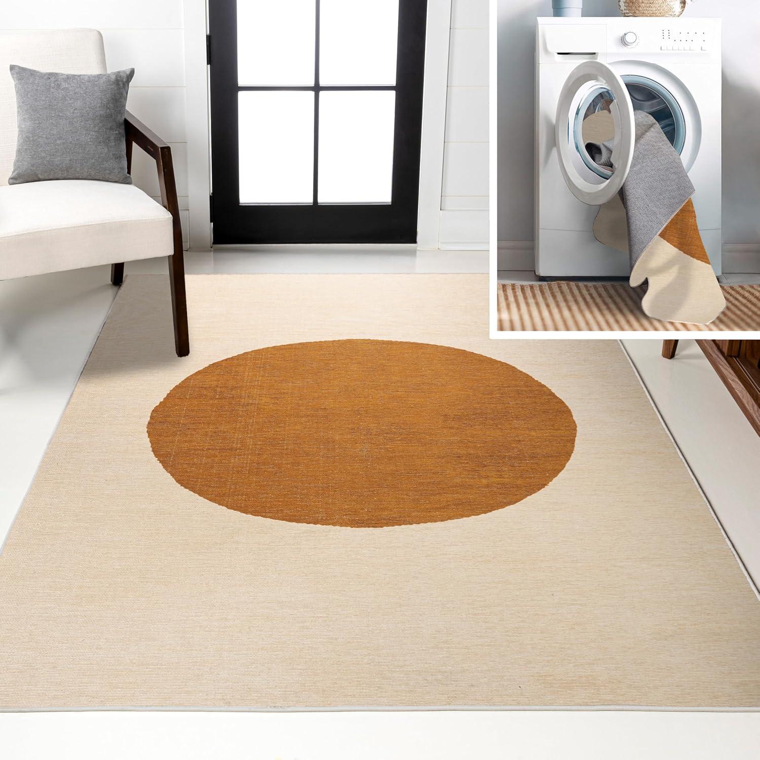 9' x 12' Cirkel Minimalist Geometric Dot Machine-Washable Area Rug, Cream/Rust - JONATHAN Y