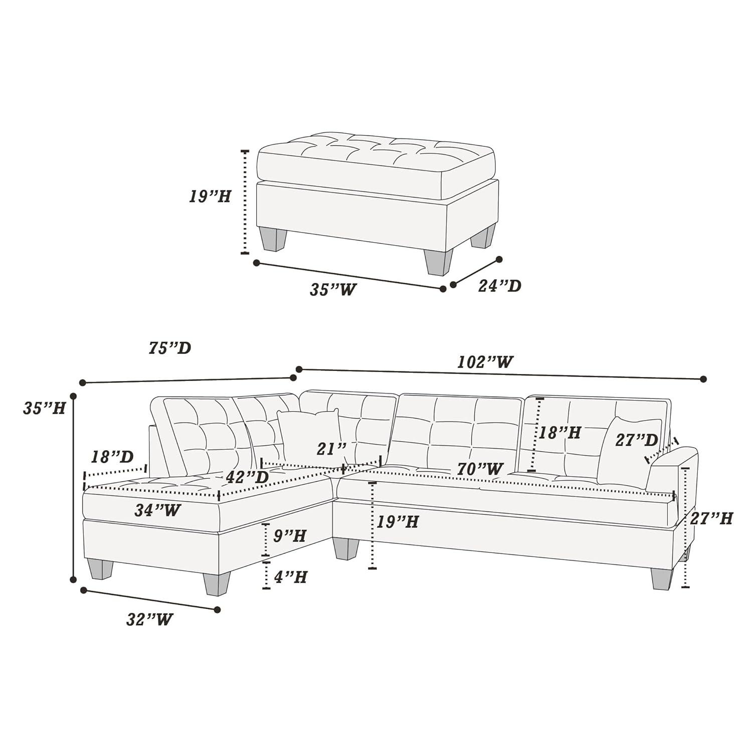 Gray Tufted Faux Leather Three Piece Sectional Sofa with Ottoman