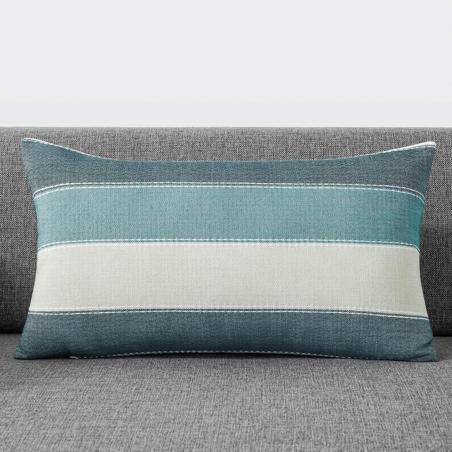 Pack of 2 Farmhouse Stripe Check Throw Pillow Covers Set Case Cotton Linen Decorative Pillowcases Cushion Cover for Couch Bench Sofa 12x20Inch Teal Blue