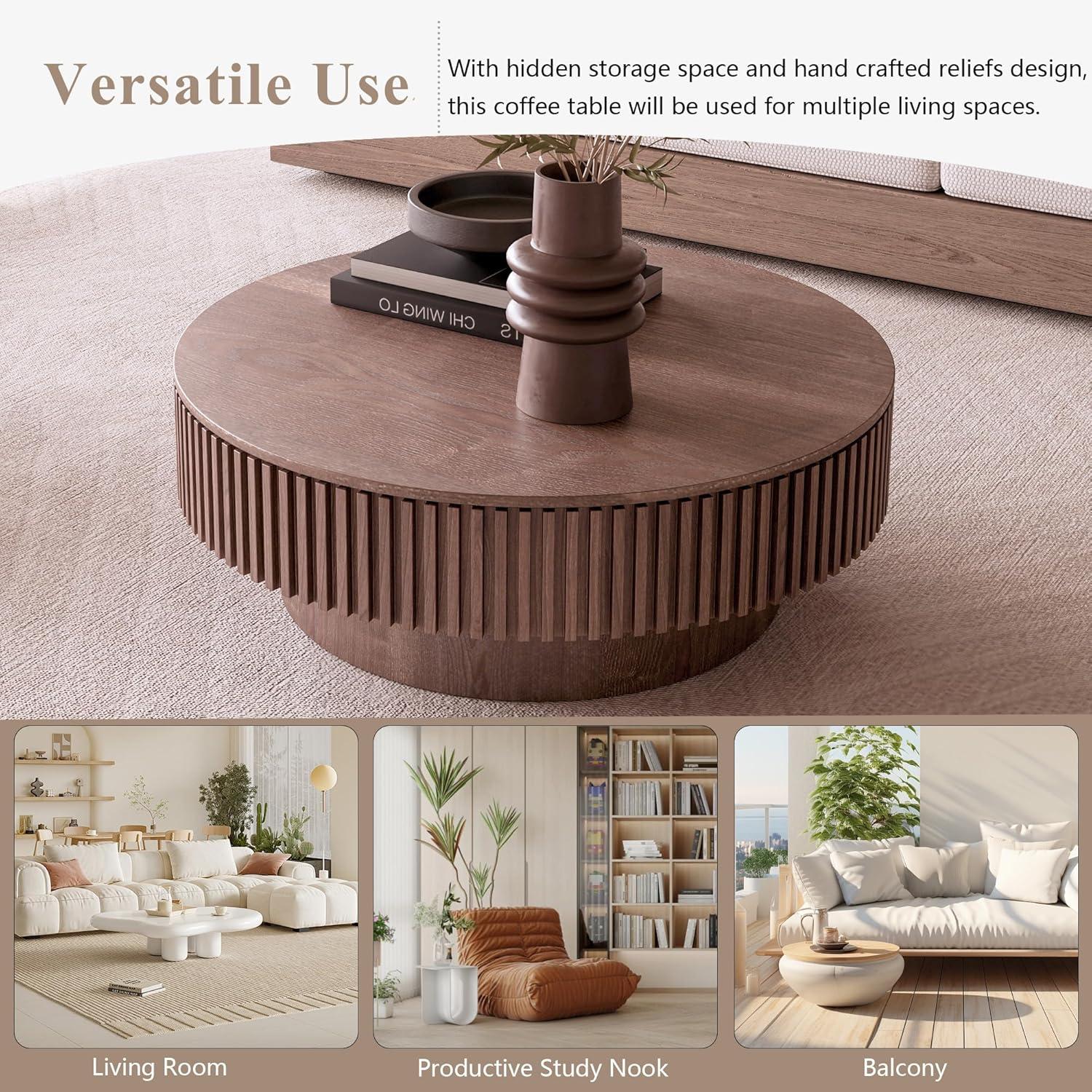 31.5" Round Wood Coffee Table with Storage - Modern Drum Circle Fluted Side Table for Apartment, Office - Easy Assembly, Walnut
