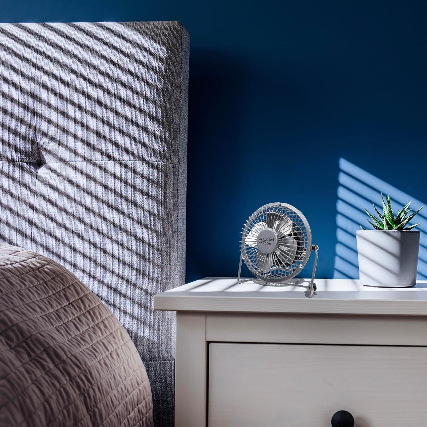 Comfort Zone 4" Metal Portable Desk Fan, Dual Powered (USB or Power Cord)