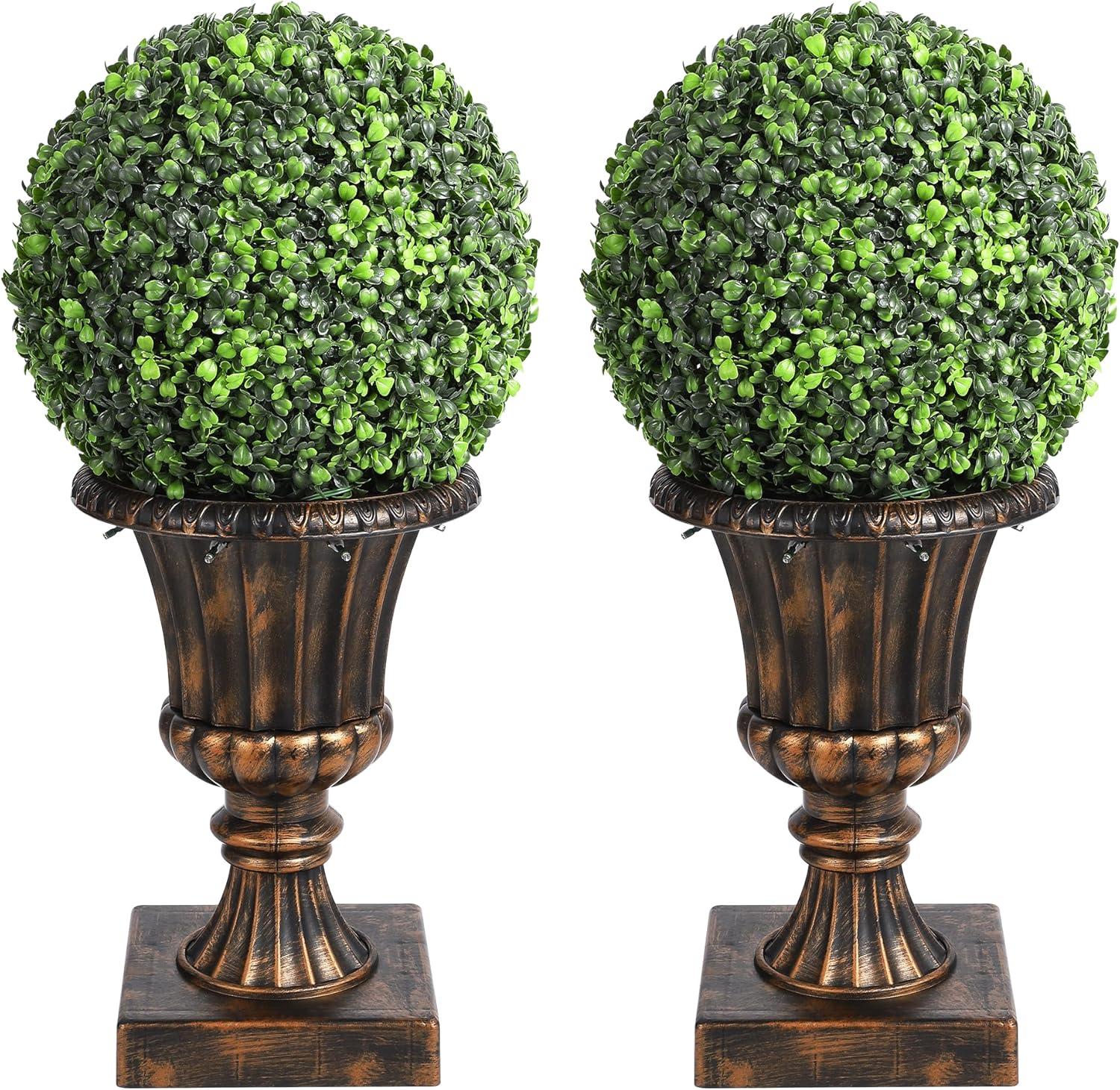 Yuan Home 2Pcs 12” Artificial Plant Topiary Ball With Pot, Faux Boxwood Balls With LED