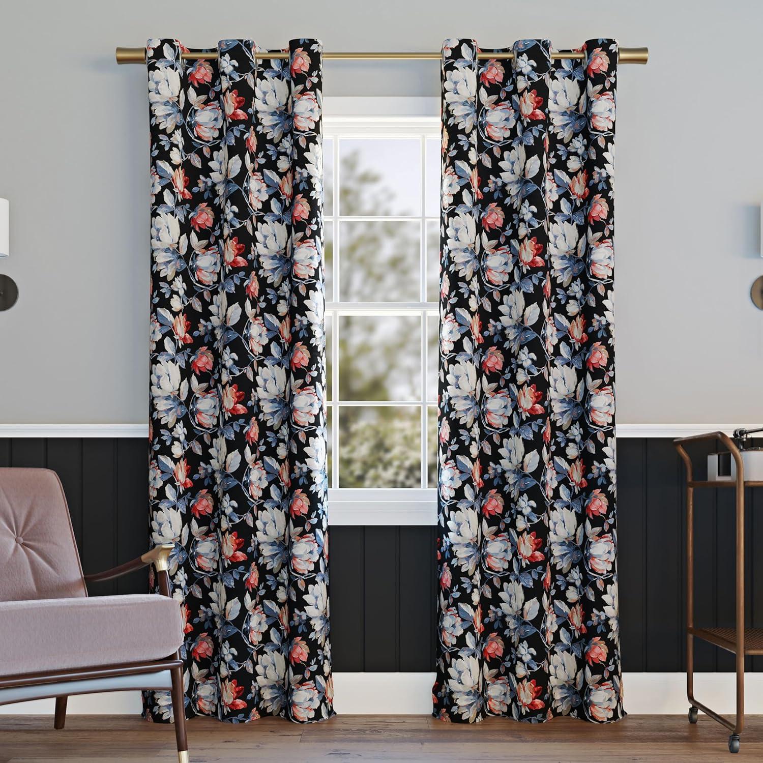 Black Floral Blackout Grommet Curtain Panel 40" x 84"