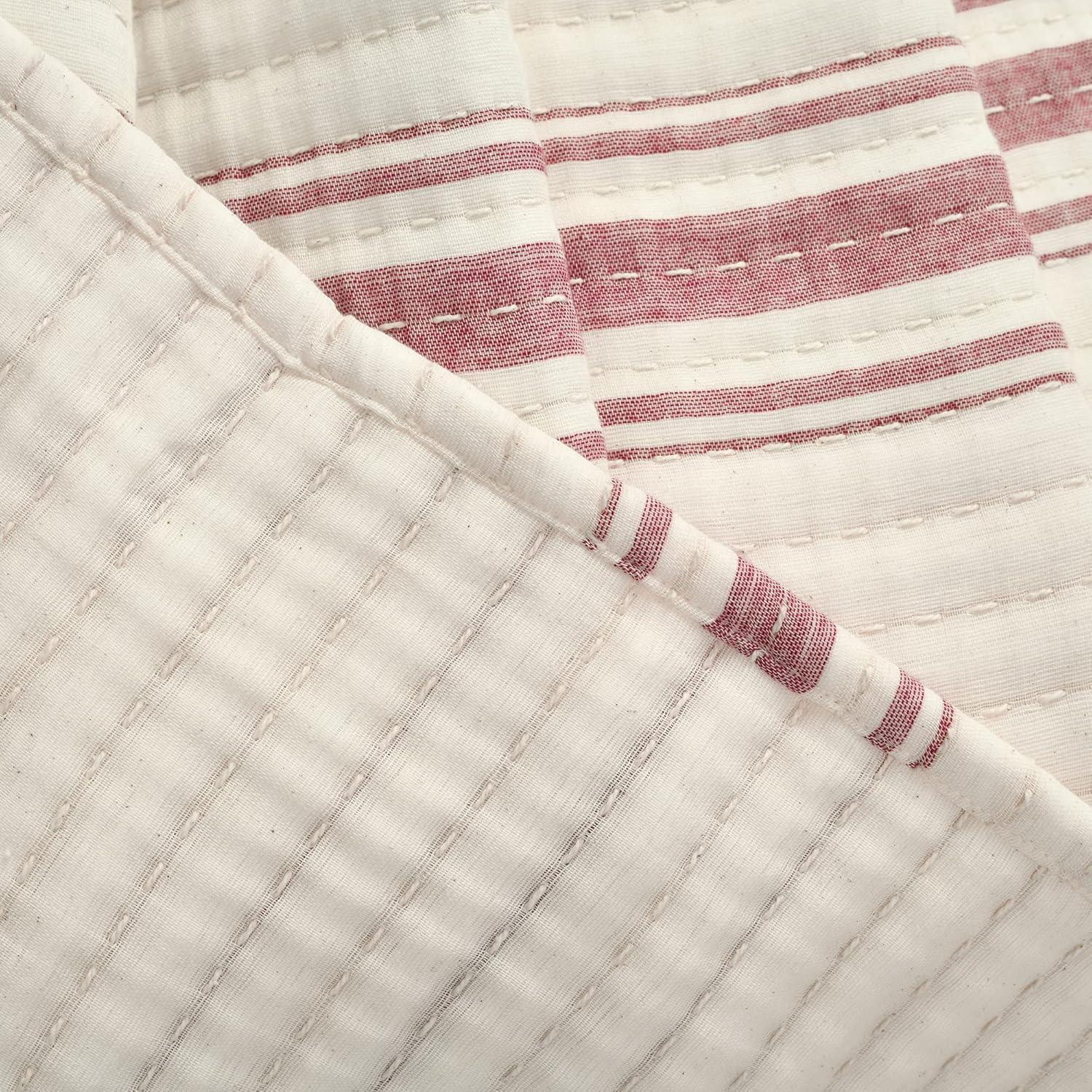 Lush Décor Full/Queen Farmhouse Stripe Kantha Pick Stitch Yarn Dyed Cotton Woven Single Quilt/Coverlet Red: Reversible, OEKO-TEX Certified