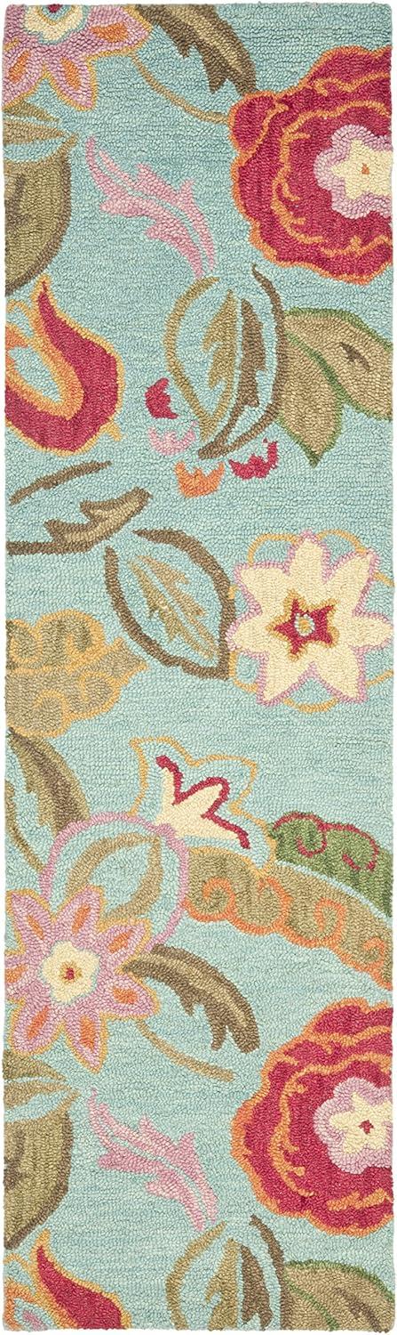 Hand-Knotted Blossom Blue Floral Wool Runner Rug, 2'6" x 12'