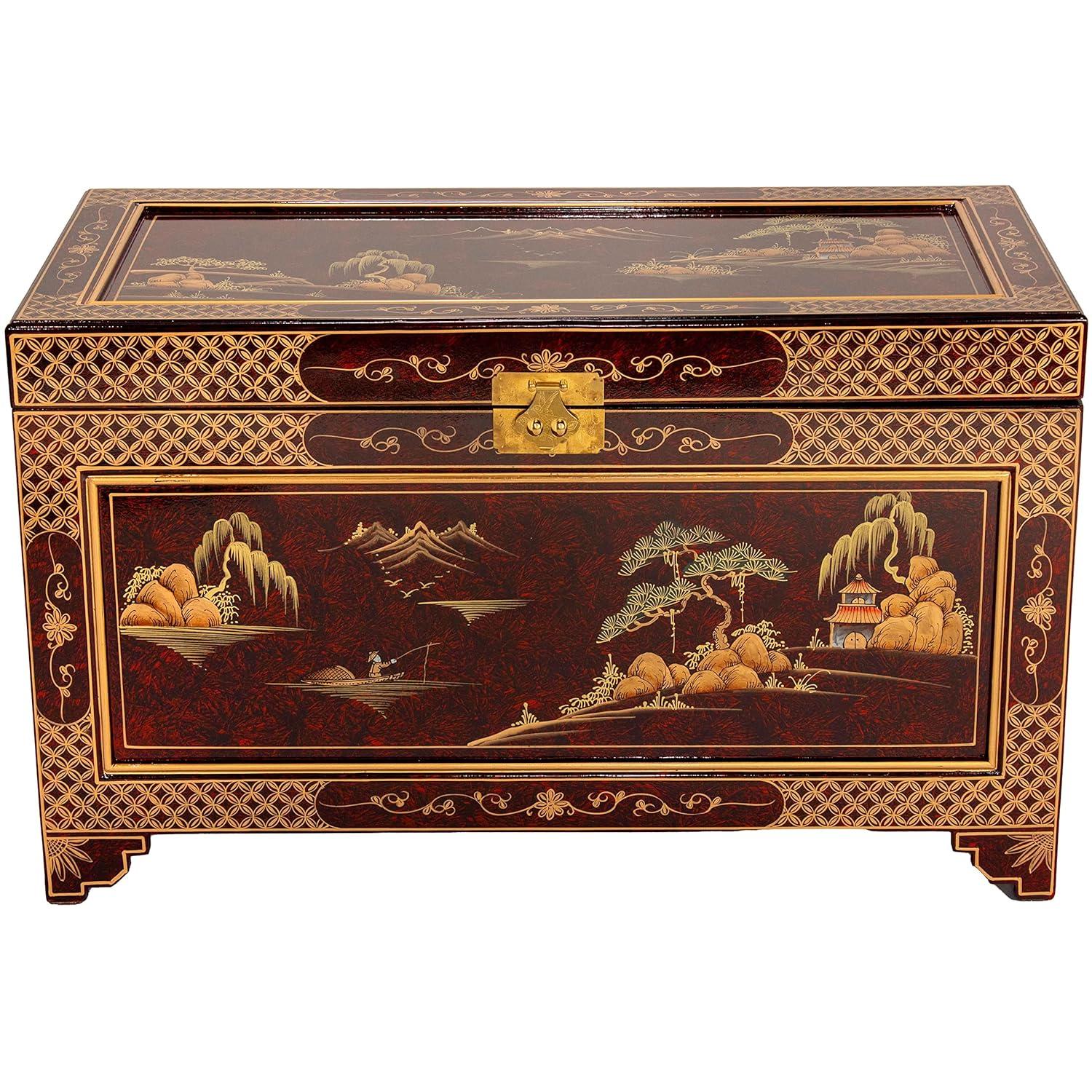 Oriental Furniture Red Lacquer Trunk - Landscape
