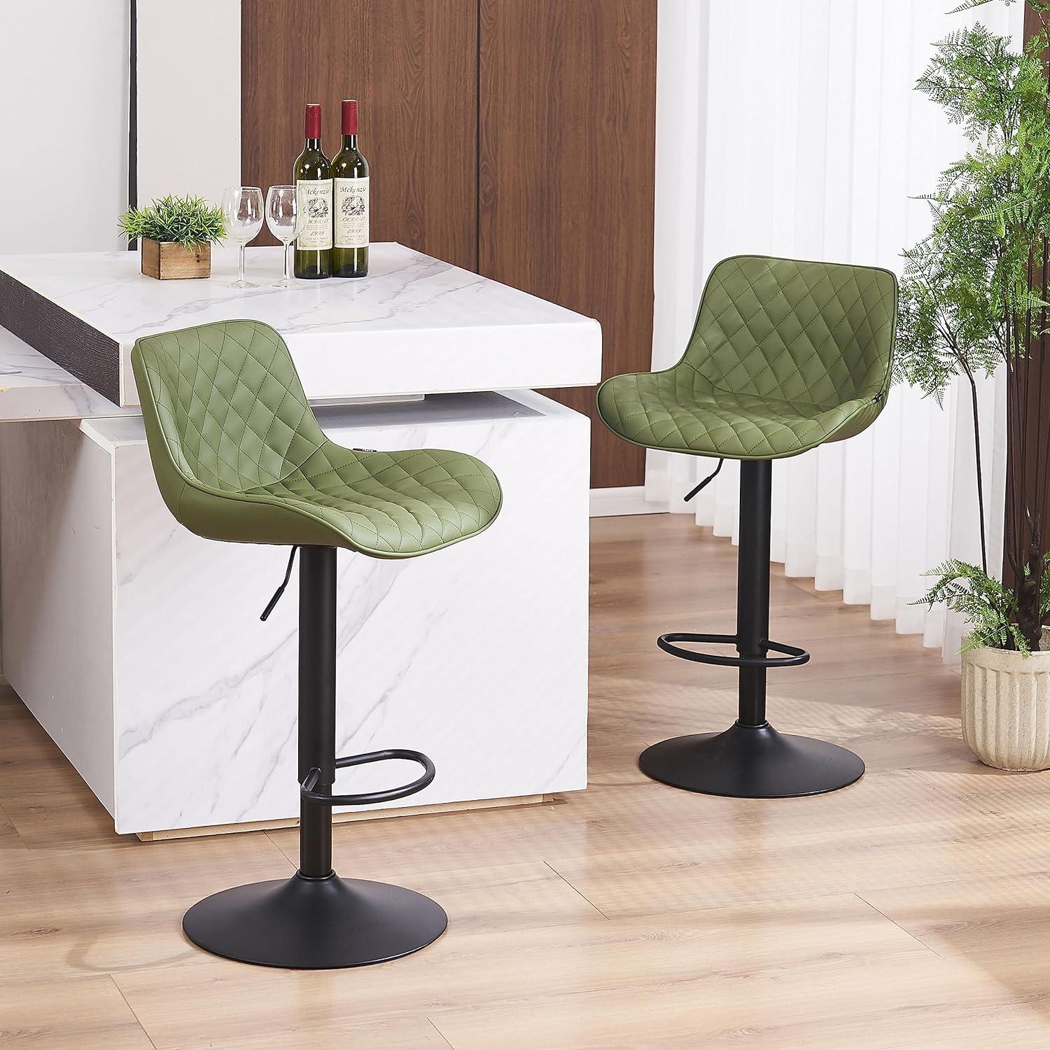 Olive Green Adjustable Faux Leather Swivel Bar Stools Set of 2