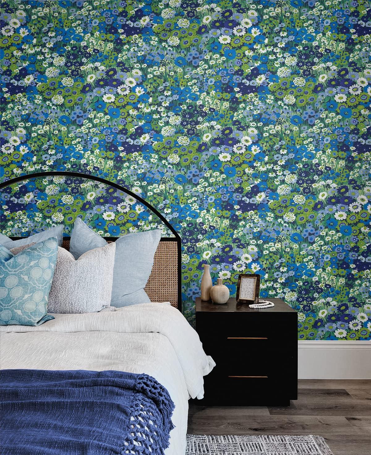 Bright Blue and Sap Green Floral Peel and Stick Wallpaper