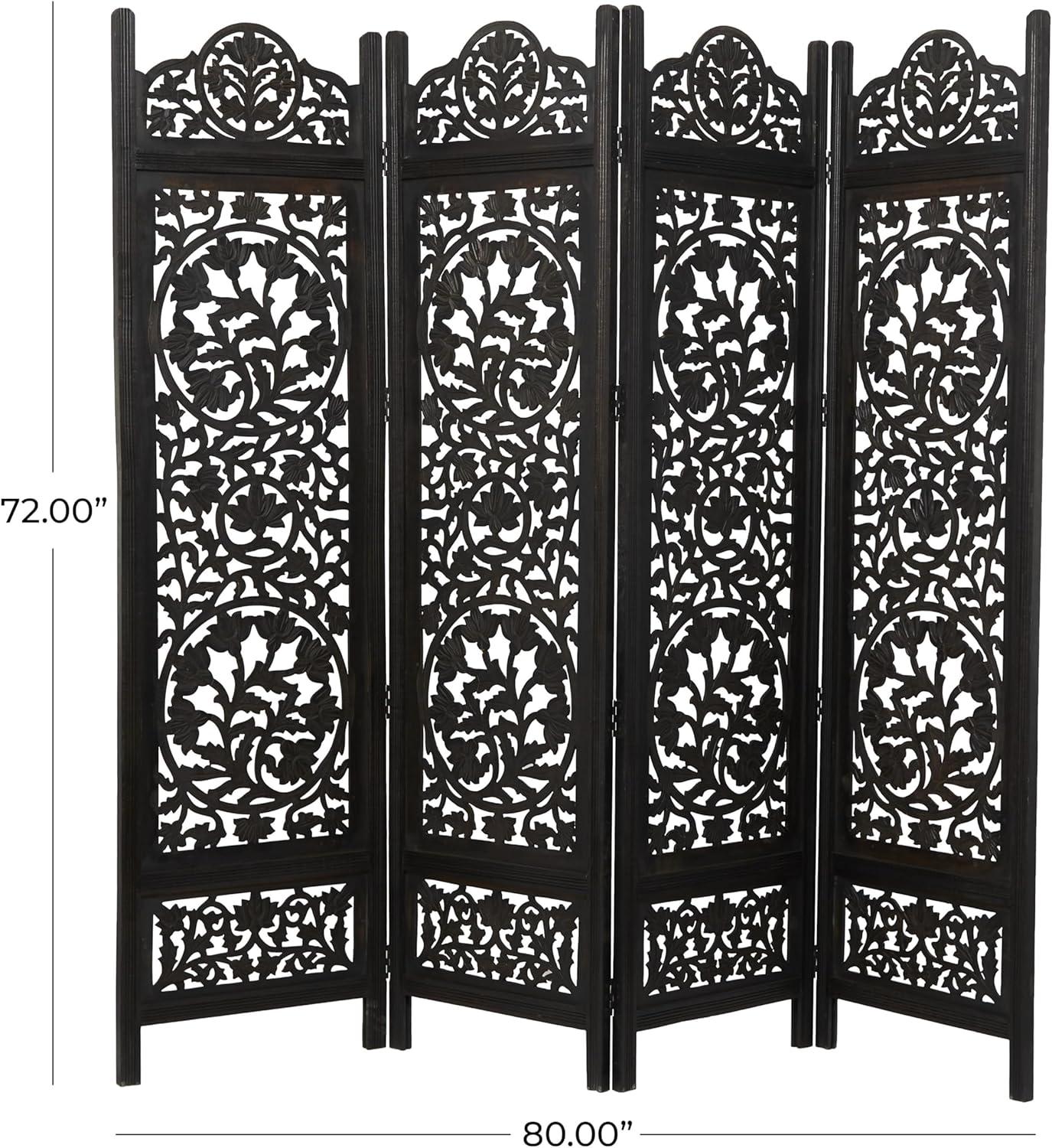 DecMode 80" x 72" Black Wood Floral Handmade Hinged Foldable Partition 4 Panel Room Divider Screen with Intricately Carved Designs, 1-Piece