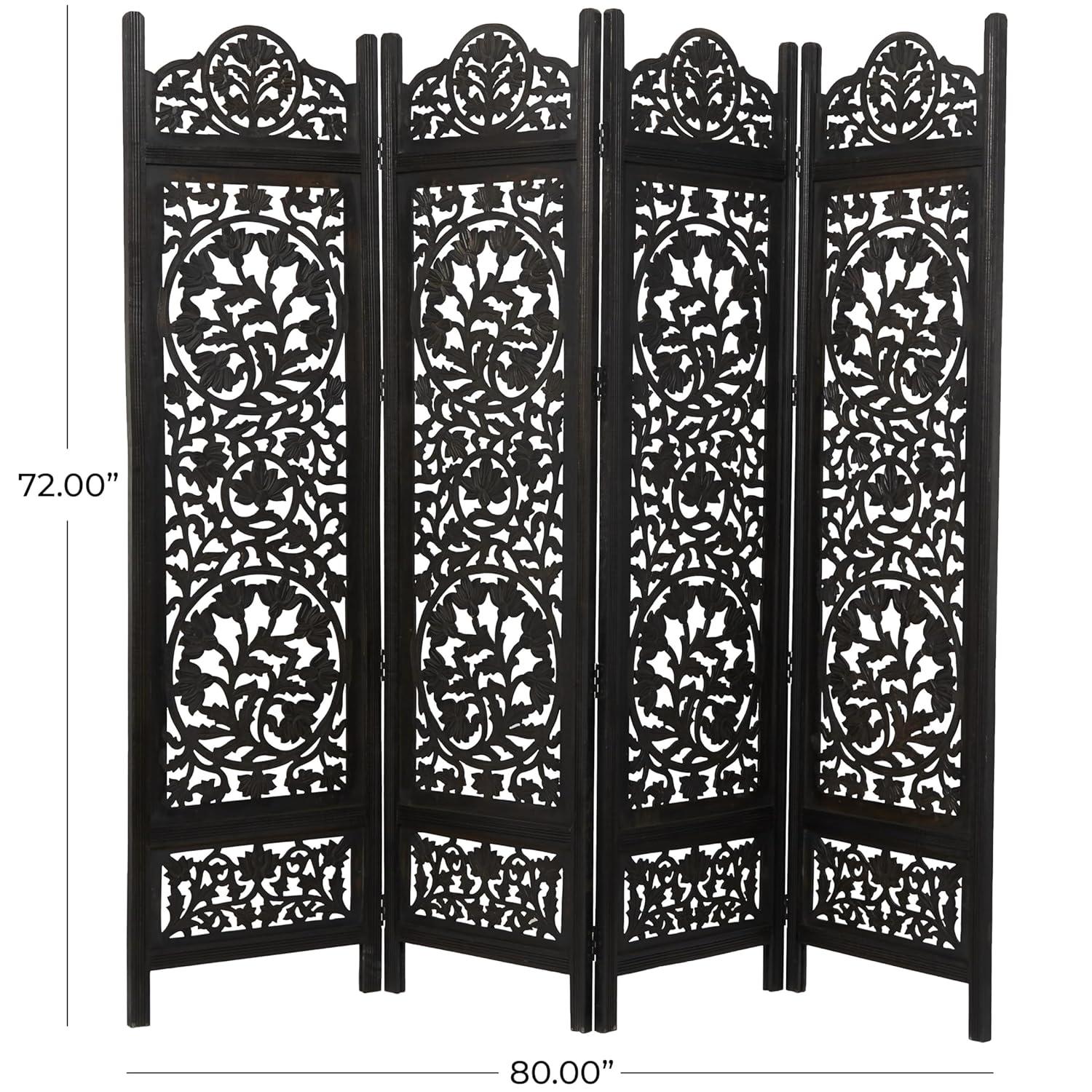 DecMode 80" x 72" Black Wood Floral Handmade Hinged Foldable Partition 4 Panel Room Divider Screen with Intricately Carved Designs, 1-Piece