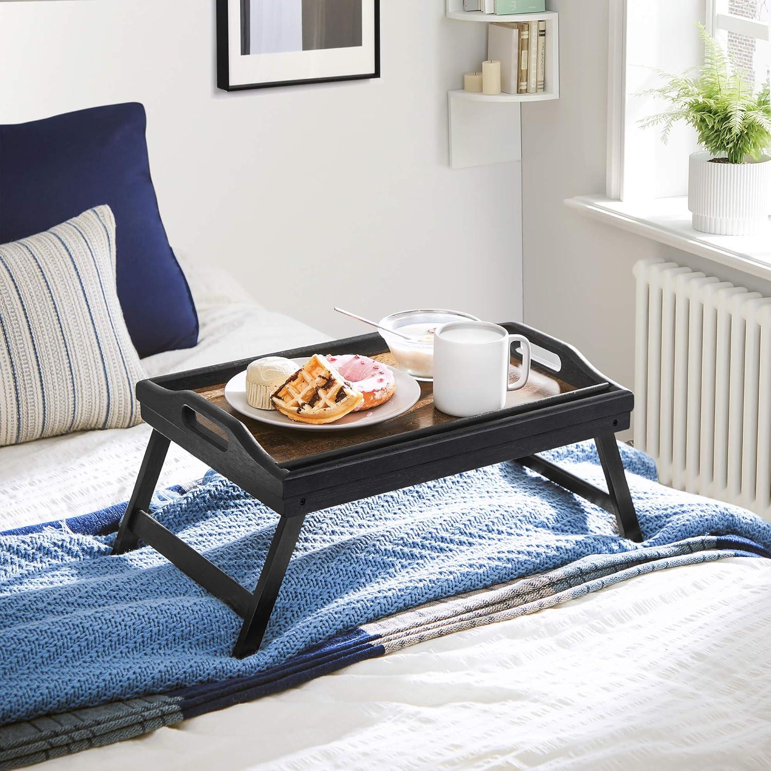 SONGMICS Bed Tray Table with Bamboo Folding Legs, Sofa Breakfast Tray, Serving Tray with Groove for Phone Tablet, Rustic Dark Brown ULLD111B01