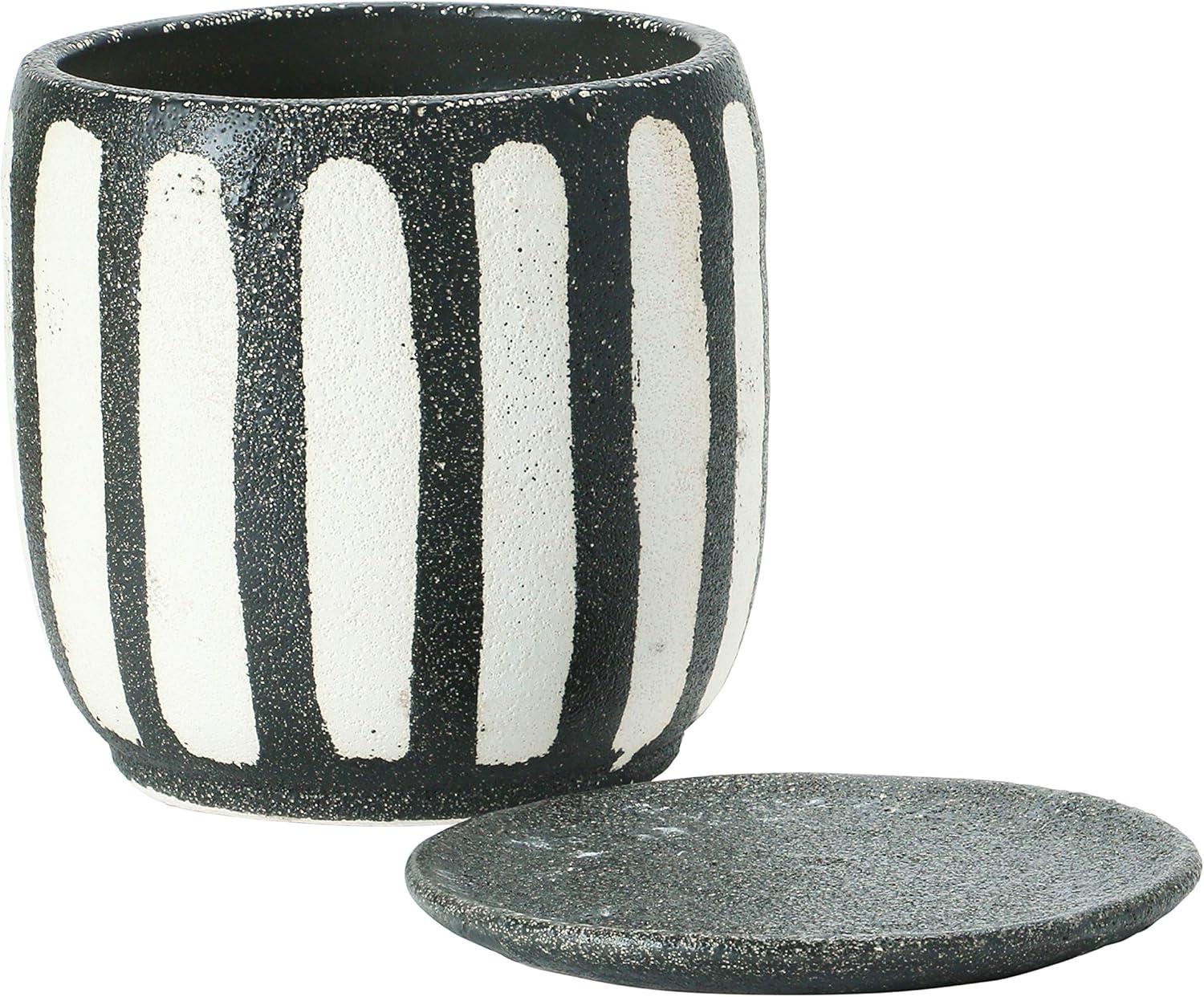 Bold Hand-Painted Black & White Terra-cotta Planter with Saucer, 7.5"