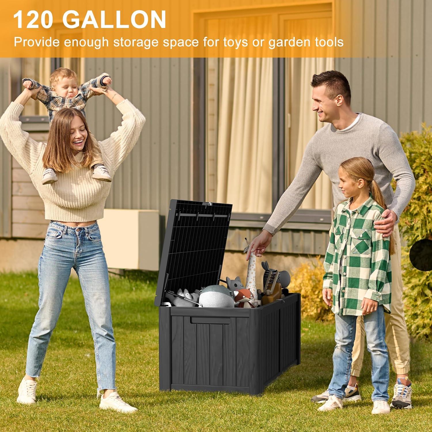 DWVO 120 Gallon Outdoor Storage Patio Deck Box Resin Waterproof Heavy Duty Organizer, Black