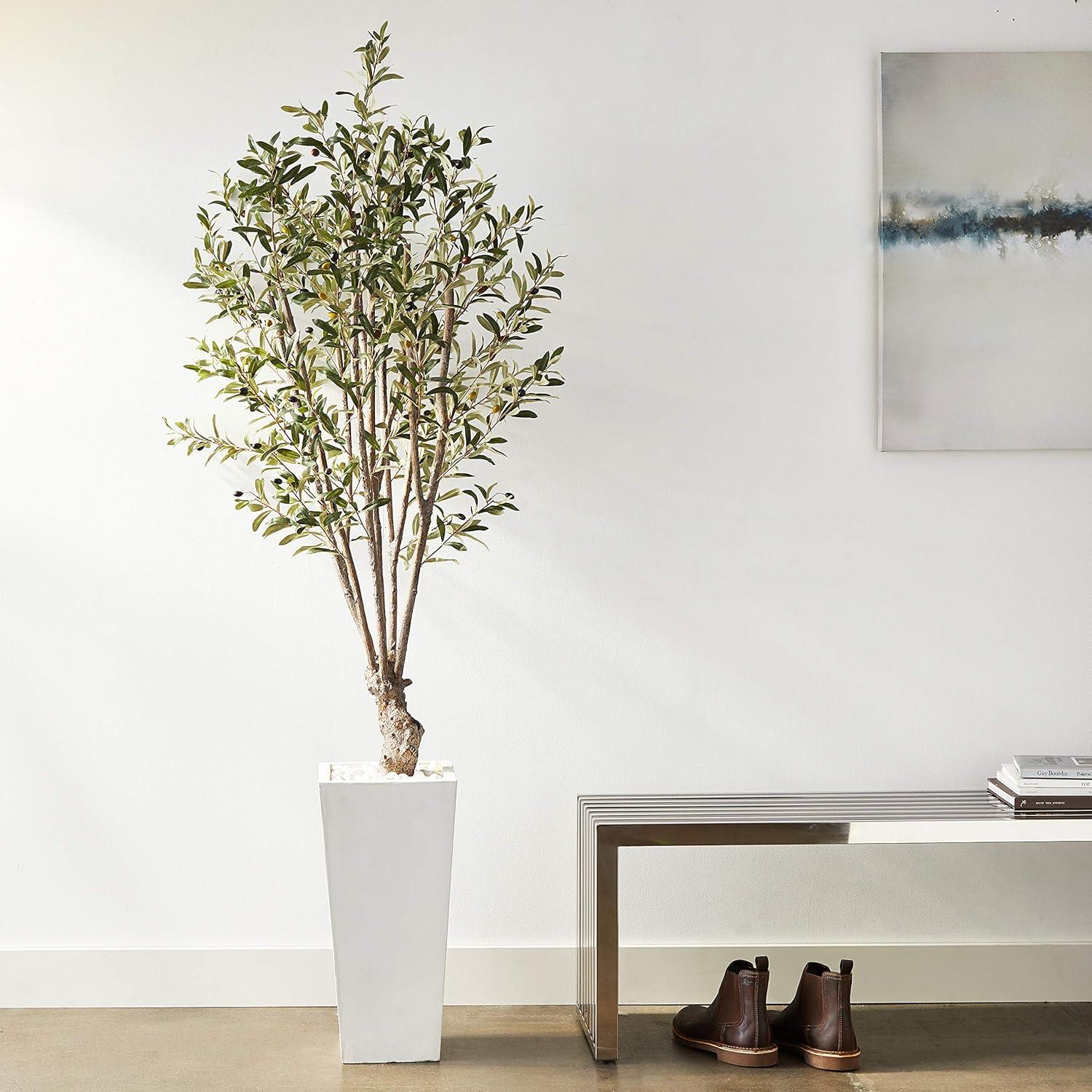 Mediterranean Elegance 6' Faux Olive Tree in White Tower Planter