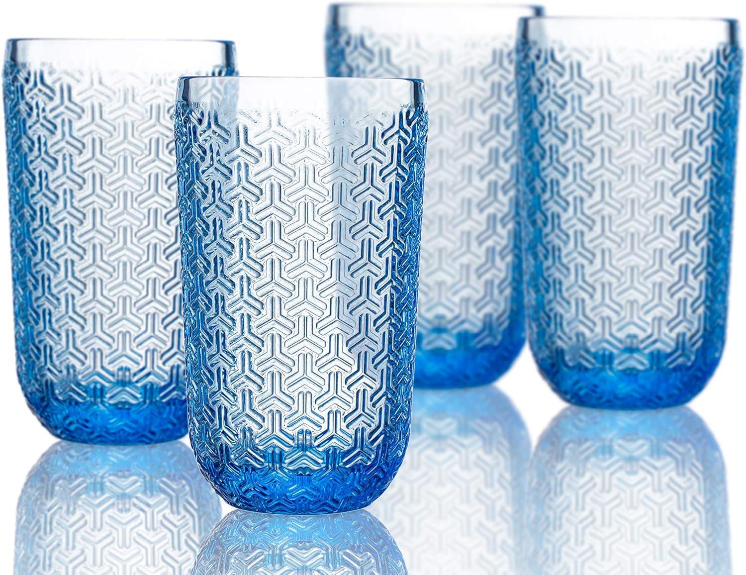 Blue Geometric Textured 14oz Highball Glass Set