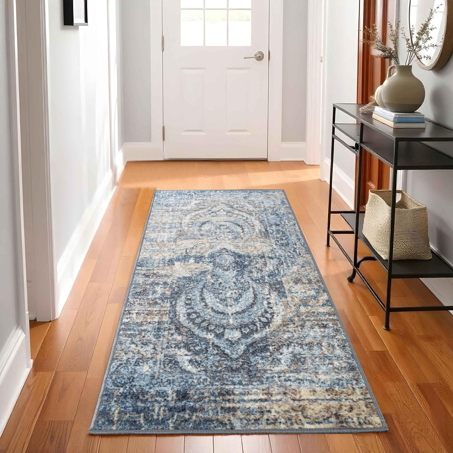 Blue-Beige Medallion Washable Runner Rug with Foam Backing