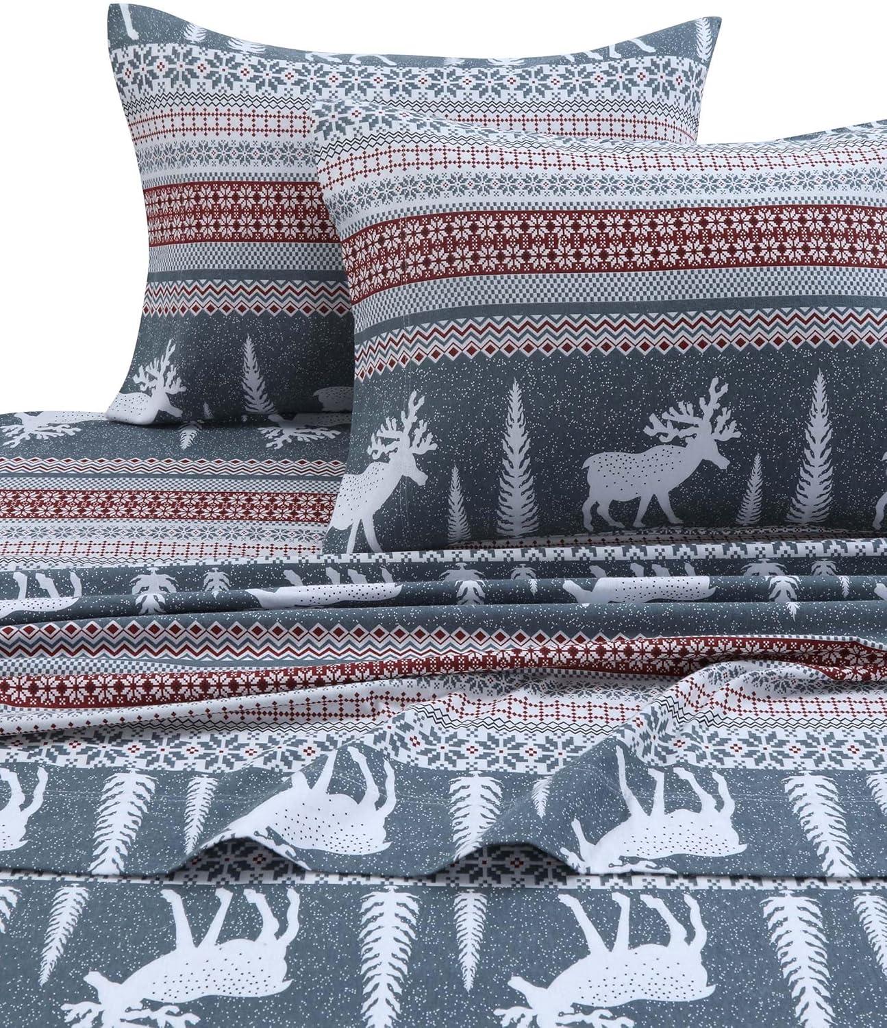 Queen Winter Reindeer Cotton Flannel Deep Pocket Sheet Set