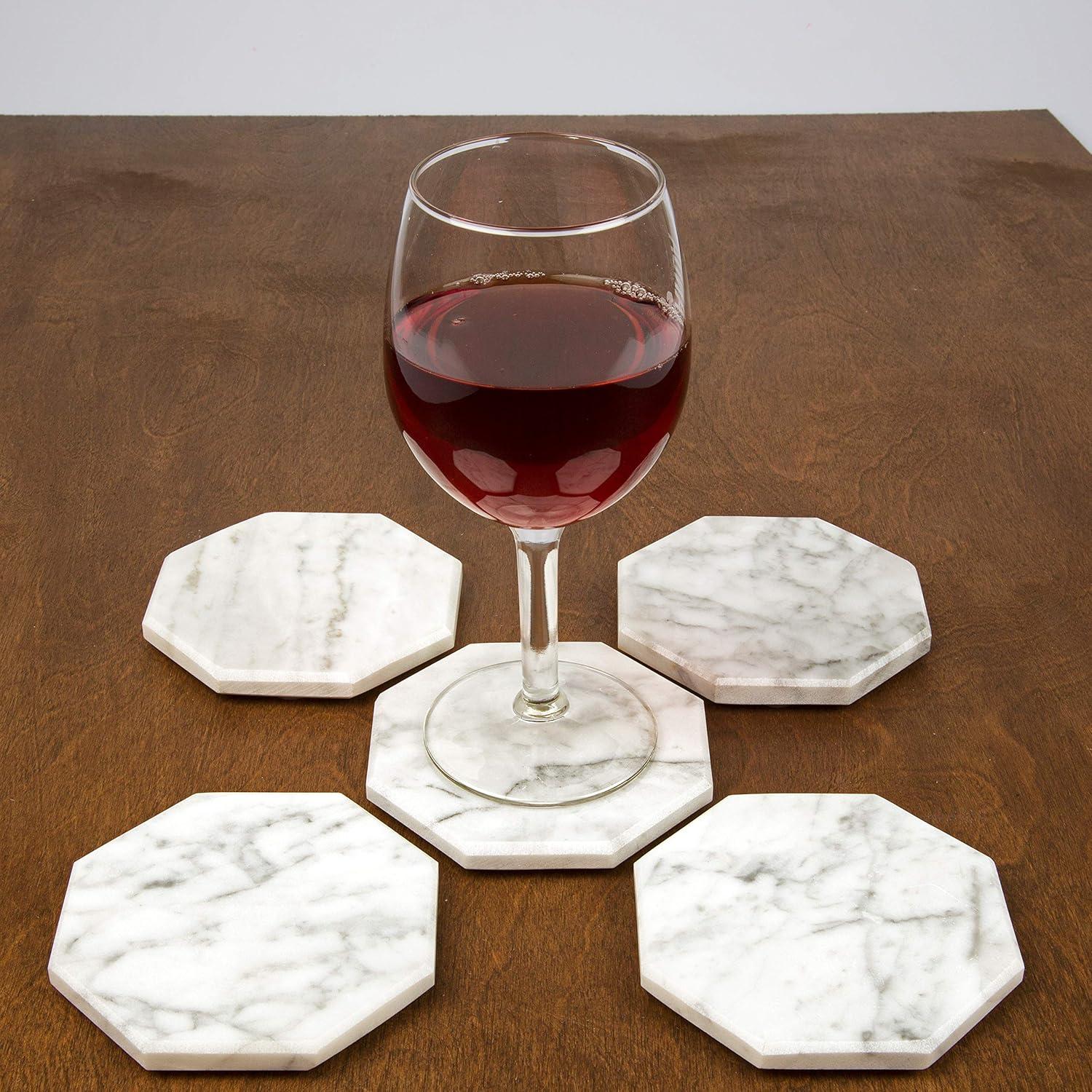 D'Eco White Carrara Marble Coasters w/ Bamboo Holder - Set of 5 - Tabletop Protection- Fits Any Size Wine Glass, Cup, Mug - Great Mother's Day Gift
