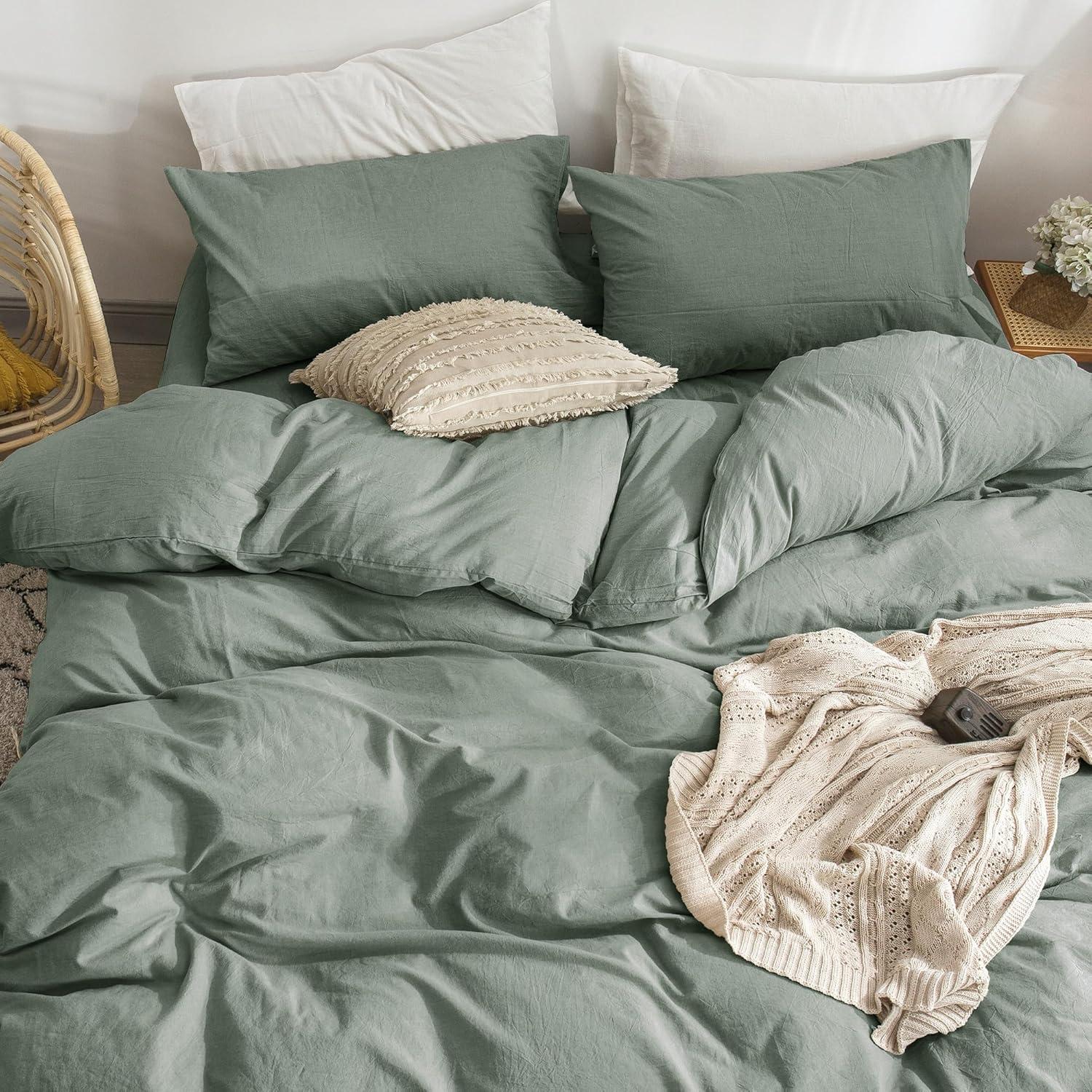 Sage Green King Linen-Like Cotton Duvet Cover Set