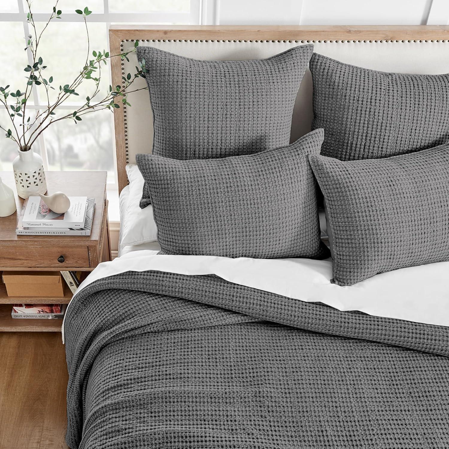 Mills Waffle Charcoal Quilt Set - One Full/Queen Quilt and Two Standard Shams - Levtex Home