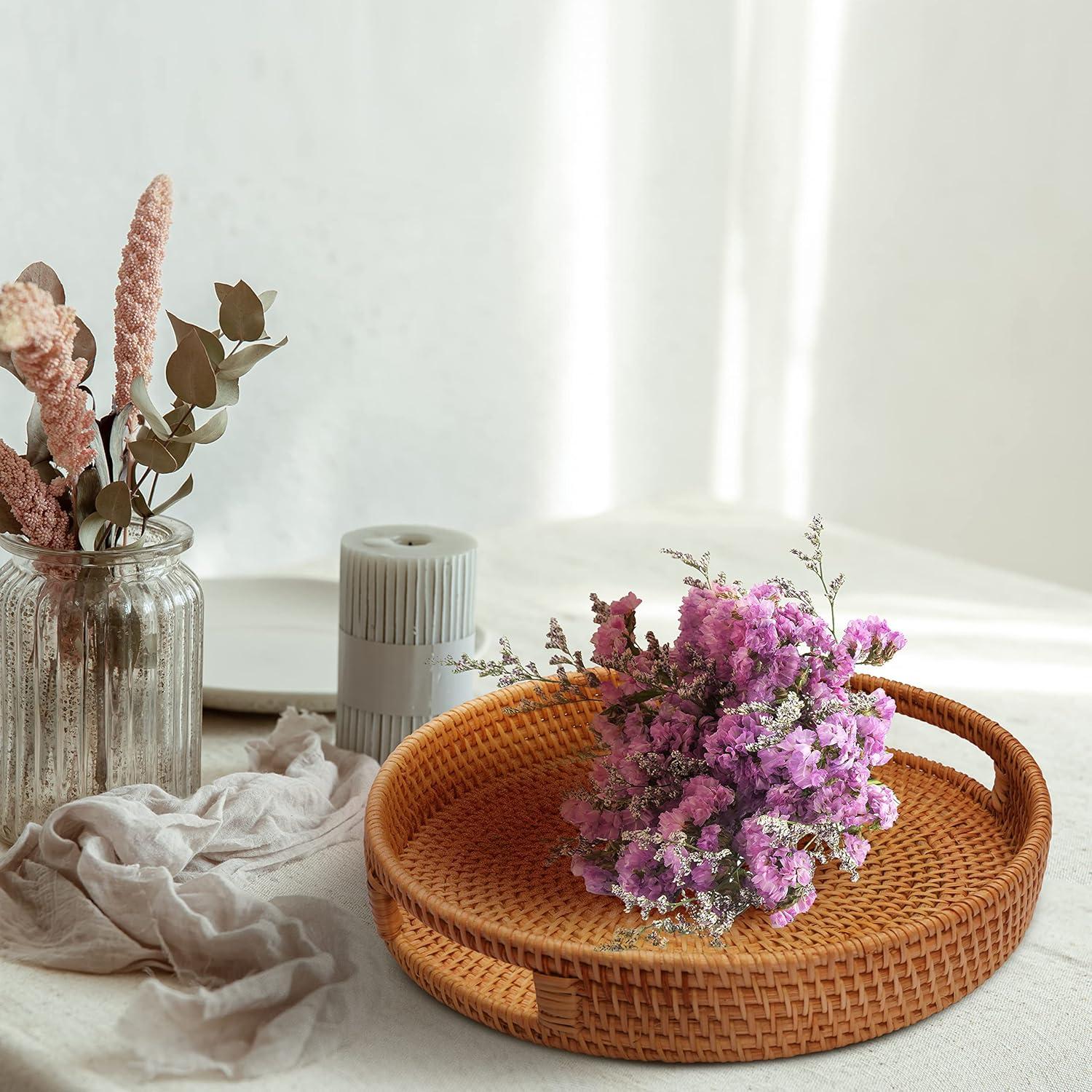 Handwoven Round Rattan Serving Trays with Handles, Set of 2