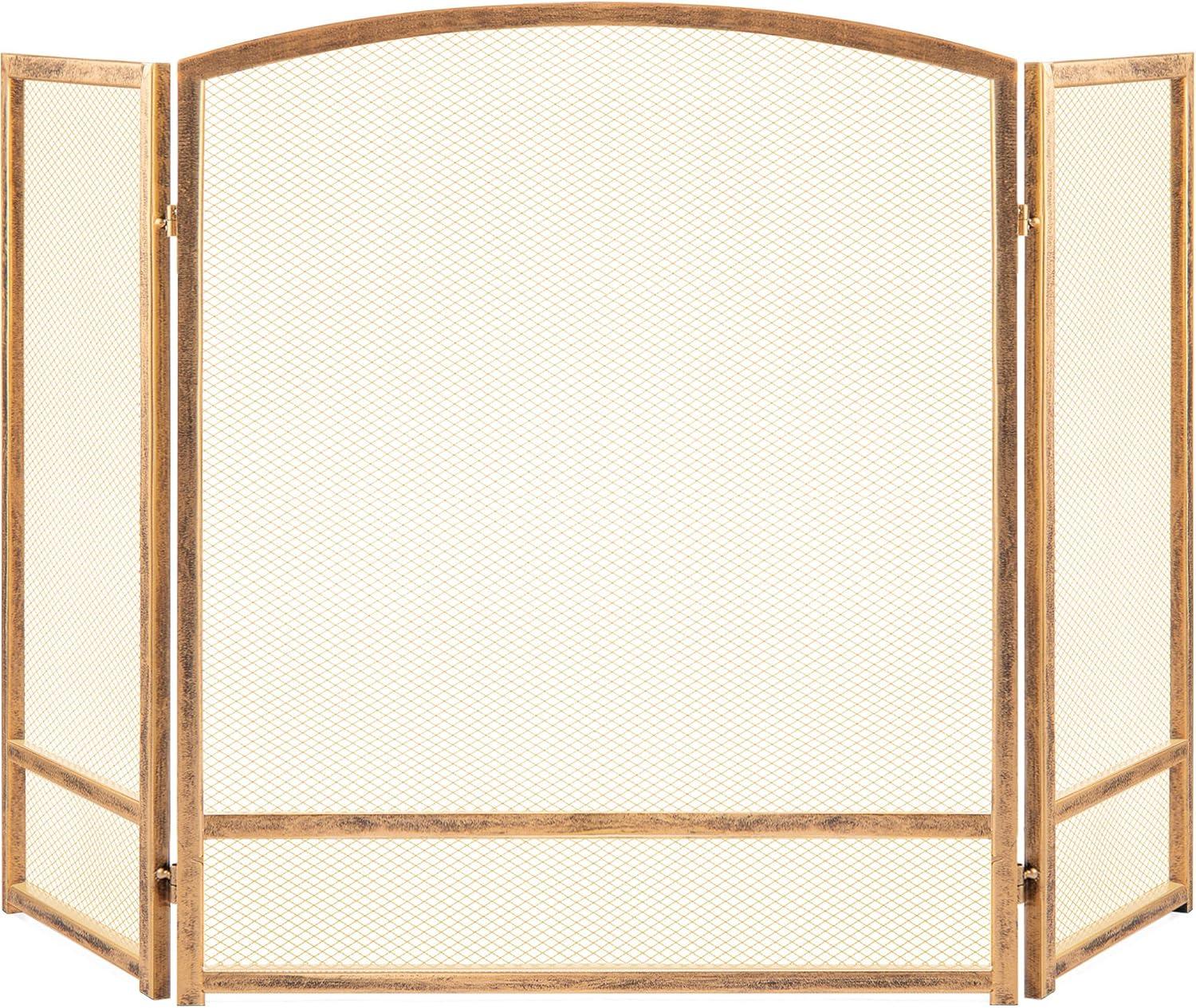 Best Choice Products 47.5x27.25in 3-Panel Steel Mesh Fireplace Screen, Spark Guard w/ Rustic Worn Finish - Antique Gold