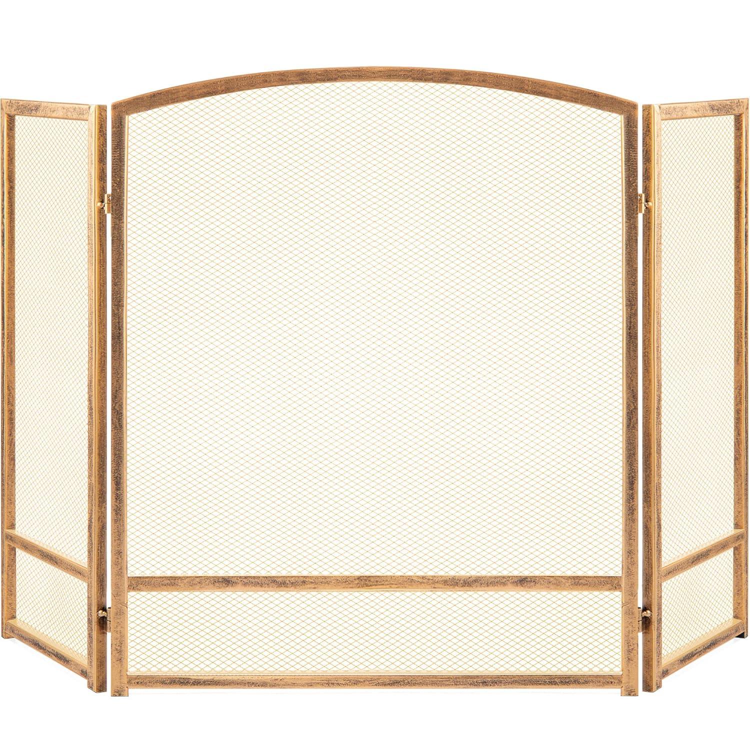 Best Choice Products 47.5x27.25in 3-Panel Steel Mesh Fireplace Screen, Spark Guard w/ Rustic Worn Finish - Antique Gold