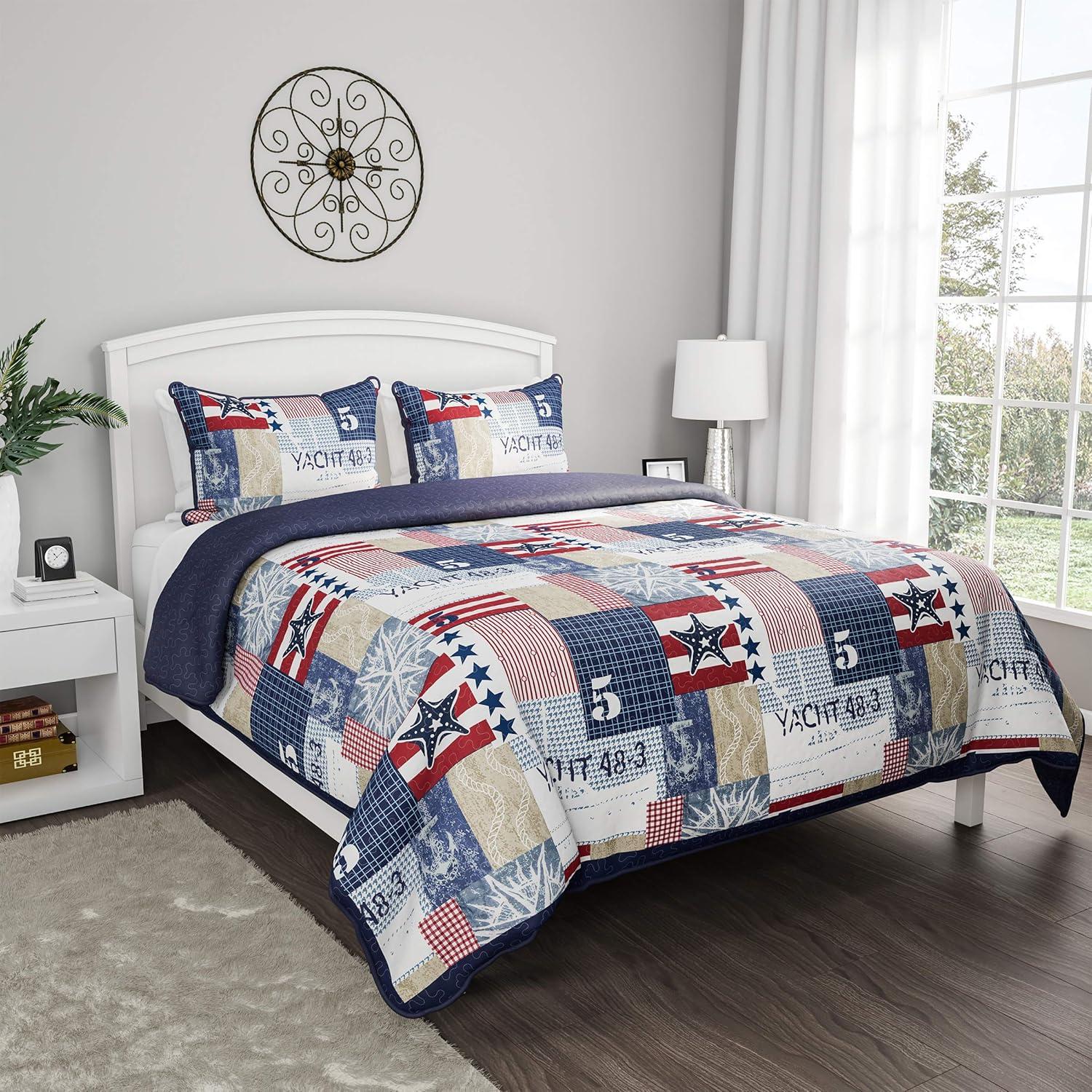 Quilt Set - Nautical Americana Patchwork Print All-Season Soft Microfiber Bedding with Pillow Sham