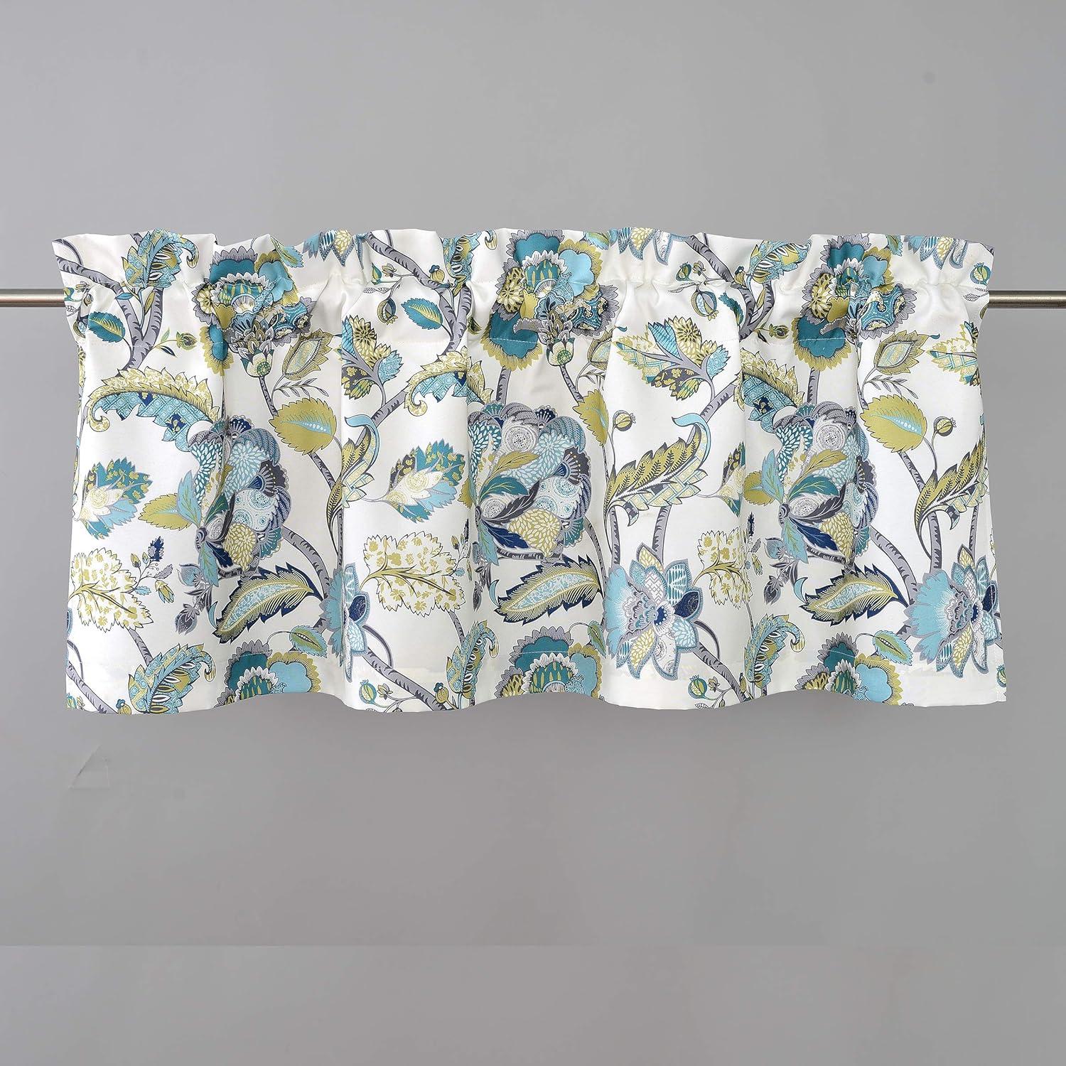 Layla Teal and Ivory Floral Room Darkening Rod Pocket Valance