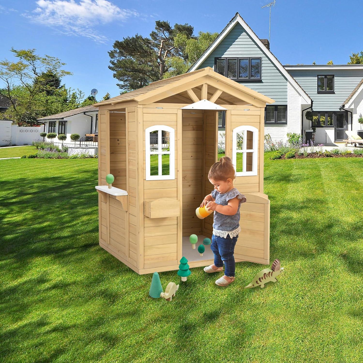 Natural Fir Wood Outdoor Playhouse with Windows and Flowerpot Holders